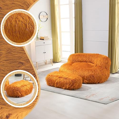 Miniatura 3 de Cómodo puf con otomana, moderno puf esponjoso para adultos y niños, puf interior con relleno grueso incluido, sofá perezoso de espuma viscoelástica