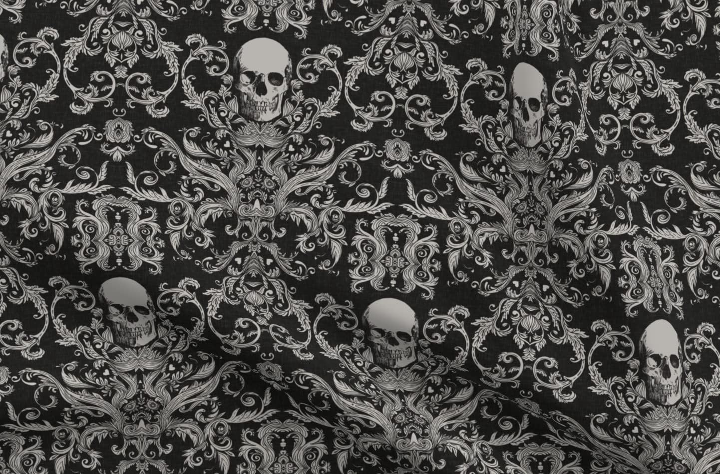 Spoonflower Fabric - Damask Black Halloween Skull Bones Spooky Printed on Petal Signature Cotton Fabric Fat Quarter - Sewing Quilting Apparel Crafts Decor