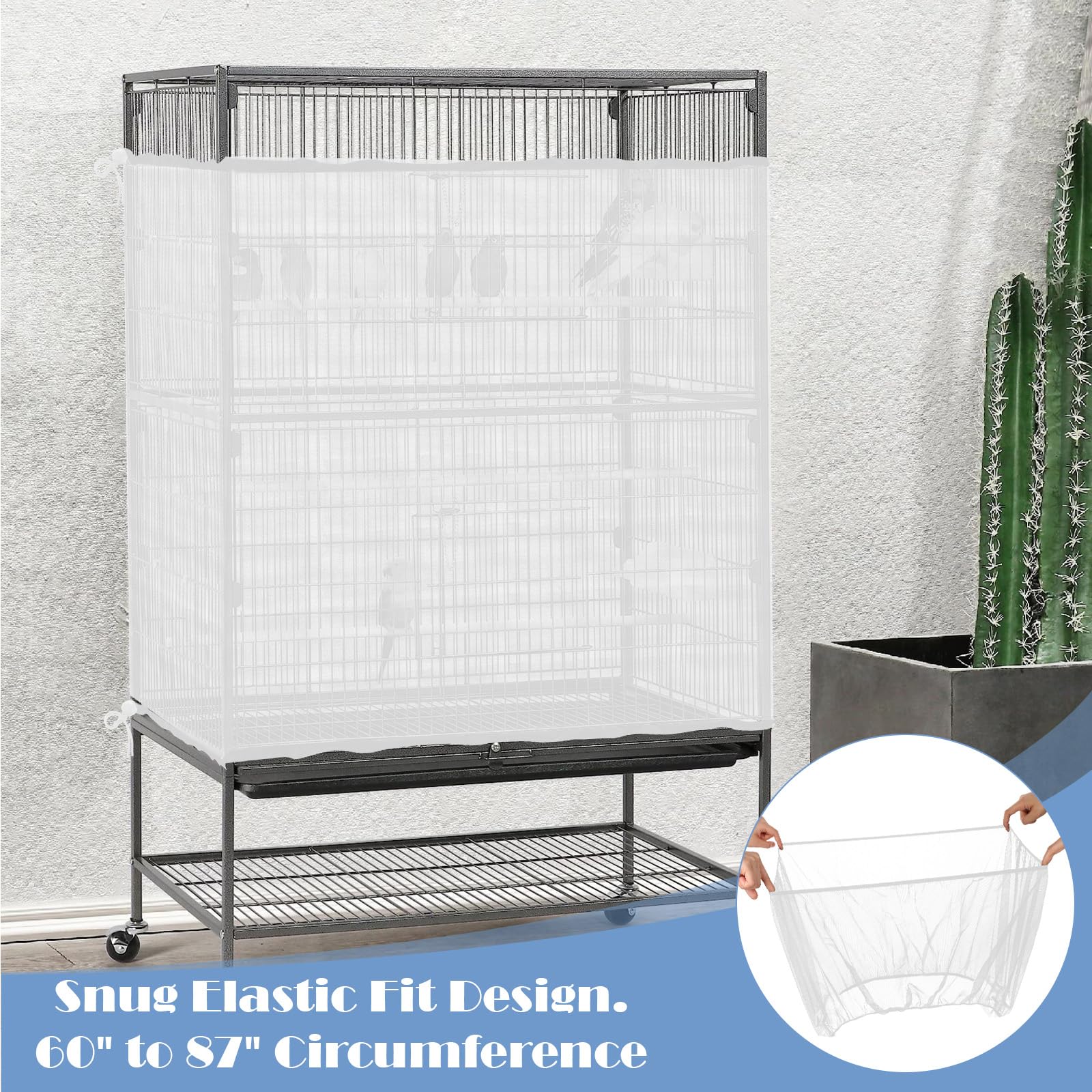 Large Bird Cage Seed Catcher, 31 x 118 inches Adjustable Large Bird Cage Cover Elastic Band Mesh Cages Cover Skirt Nylon Mesh for Parakeet Parrot Cages - image 6