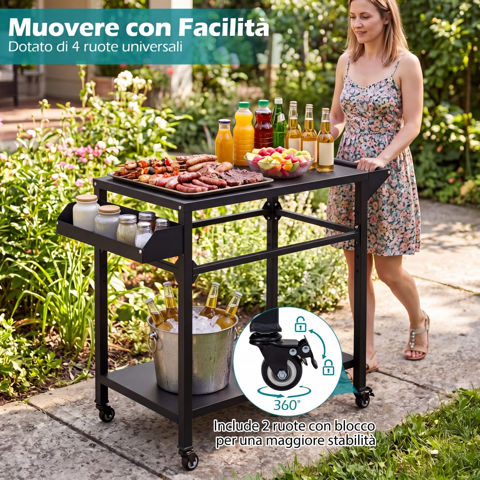 COSTWAY Carrello per Barbecue 4 Ruote, Carrello Cucina da Esterno BBQ Metallo 100x80x45 cm