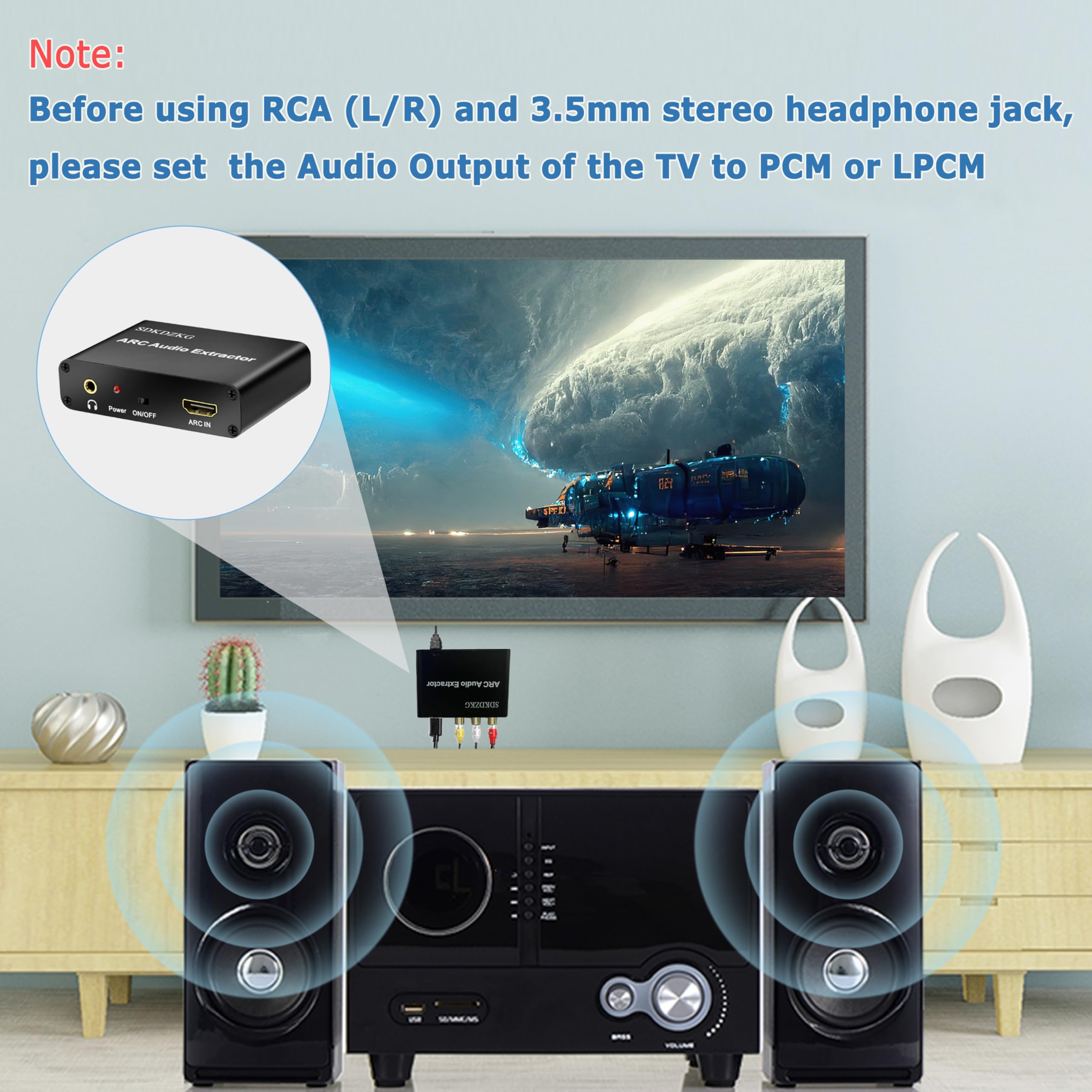 HDMI ARC Audio Konwerter, HDMI ARC Ekstraktor Adapter z Cyfrowy Optyczny Toslink SPDIF Koncentryczny oraz Analogowe RCA L/R 3,5 mm Stereo Audio Konwerter dla HDTV Wzmacniacz Soundbar Głośnik