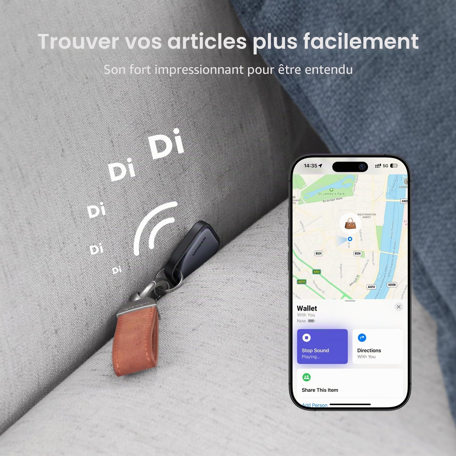 UGREEN FineTrack 2 Finder Tag Design Football 110dB Fluorescence IP68 et UGREEN FineTrack Finder Tag Traceur avec Find My 2 Ans Batterie (iOS Uniquement)
