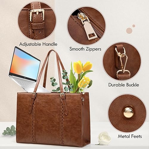 Miniatura 6 de RAINSMORE Bolsa de mano para laptop de 15.6 pulgadas para mujer, bolsa de mano de piel sintética, bolsa de trabajo ligera, color marrón