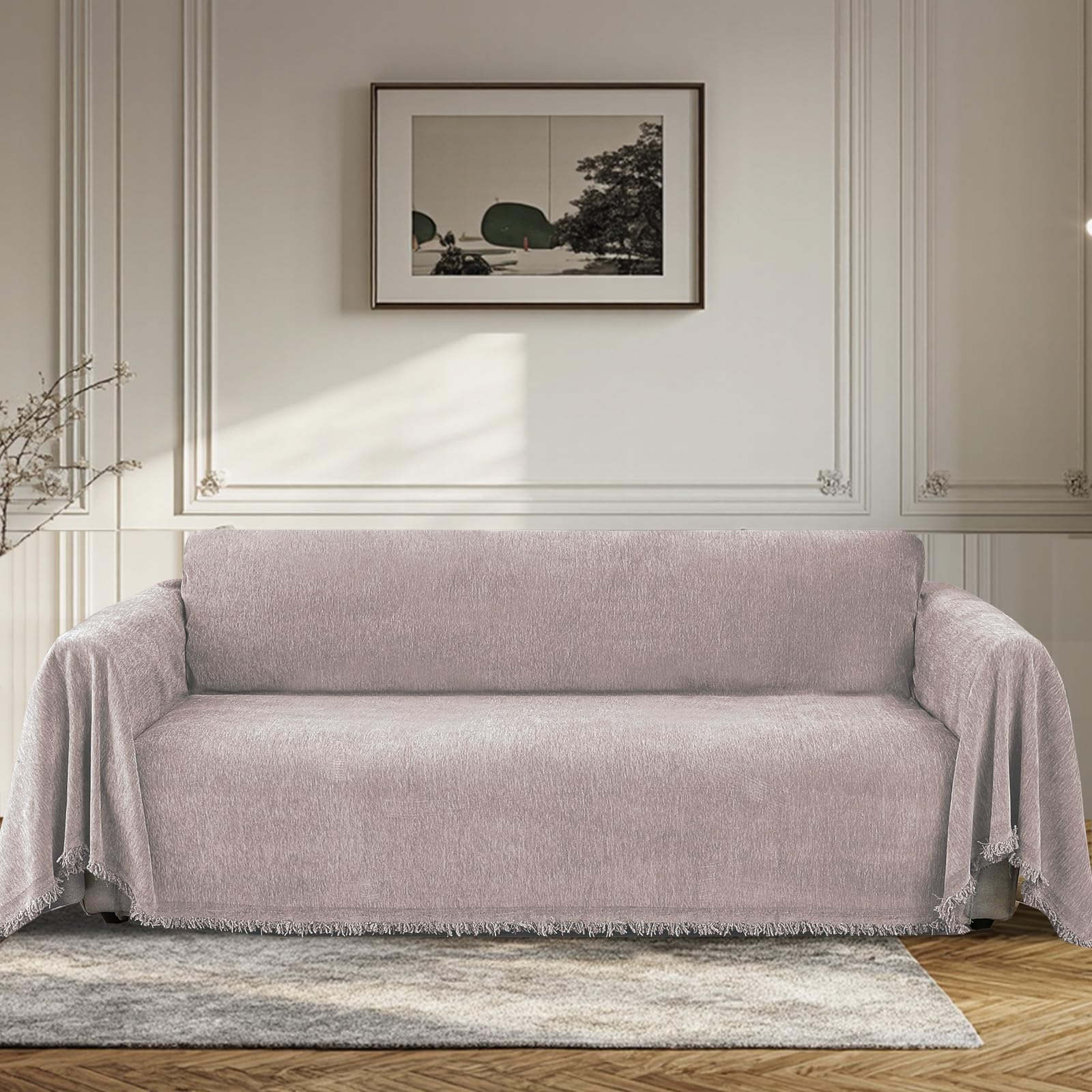 Bellahills Light Camel Sofa Cover 3 Seater Chenille Sofa Covers 2 Seater Armchair Covers L Shape Sofa Slipcover Non-Slip Couch Covers With Tassel Sofa Protector From Dogs, 180X300cm,