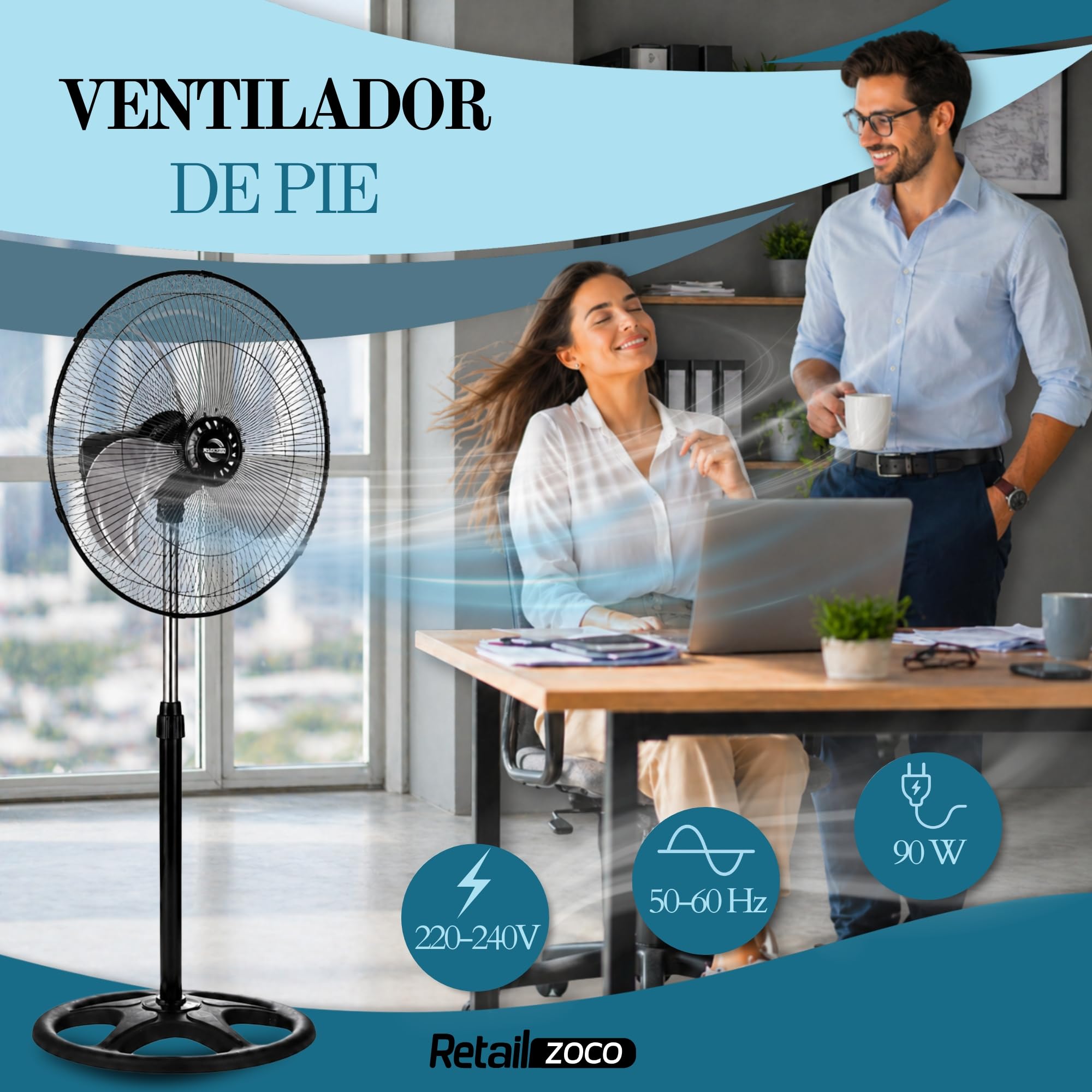 Ventilador de Pie 90W, Ventilador de suelo, Silencioso, Oscilante 3 Velocidades Altura Ajustable 110 a 130 cm, Base redonda, Aspas de 45 cm, Apto para Hogar, Oficina y Almacén, 1 Unidad color negro - imagen 2