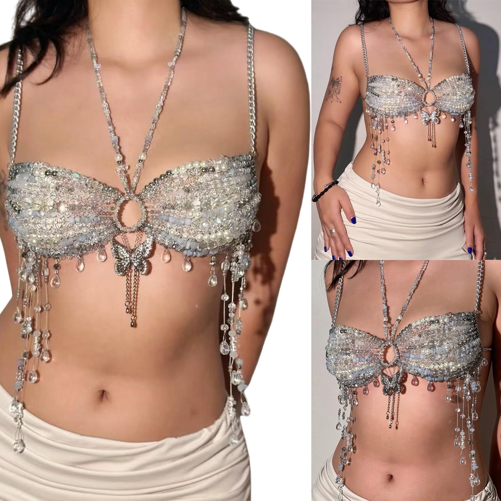 Joyería corporal adornada con cuentas Collar ajustable Cuello Sin espalda Borlas de Cadena de pecho de Camisola Chaleco con cuentas de