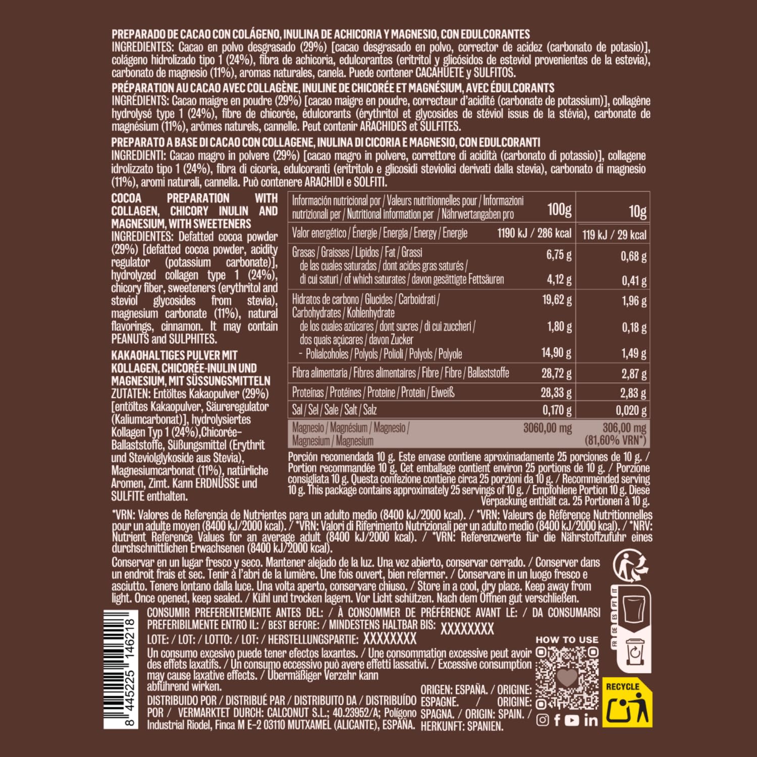 Nut&me Cacao con colágeno y magnesio 250 gr, alto en magnesio, hierro, potasio, keto, sin gluten
