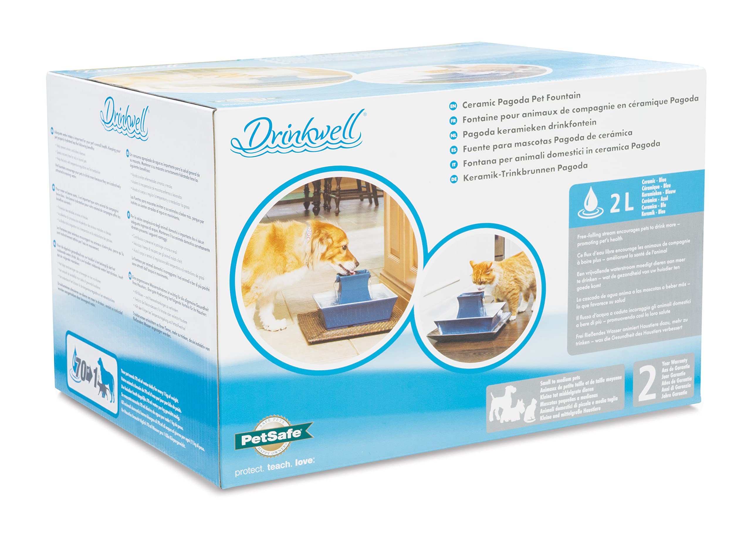 PetSafe Drinkwell Pagoda - Fontana per Bere per Cani e Gatti in Ceramica, Design Minimalista per Uso Domestico e Capacità di 2 Litri - Blu