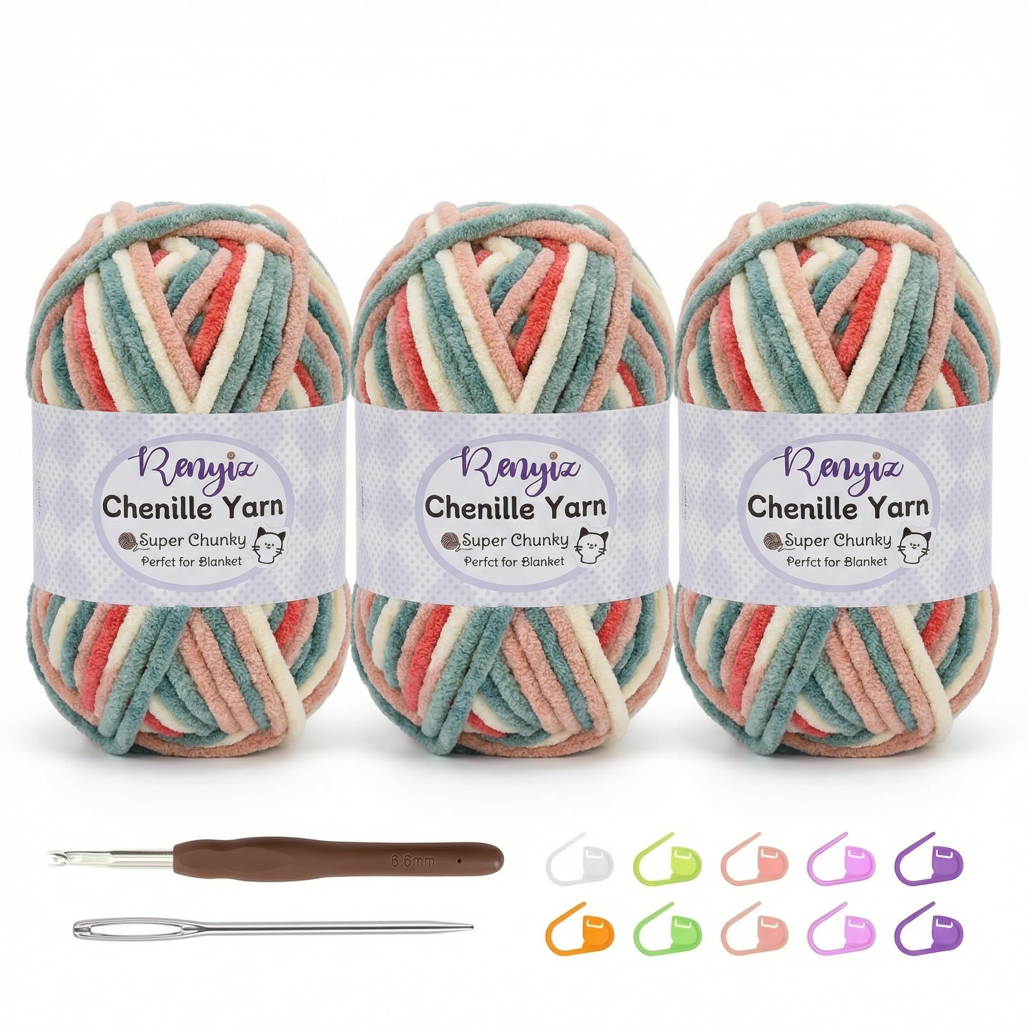 Renyiz Chunky Chenille Yarn for Crochet Kit - 3 Skeins Chenille Wool (100g Each) Soft Fluffy Thick Yarn, 6mm Crochet Hook Included for Beginners DIY Blankets (Poppy Pink -3)