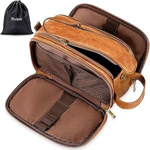 Elviros Toiletry Bag for Men, PU Leather Travel Dopp Kit (Brown, Small) | Large-capacity organizer for toiletries, shaving essentials, and grooming accessories, keeping travel items neatly stored.
