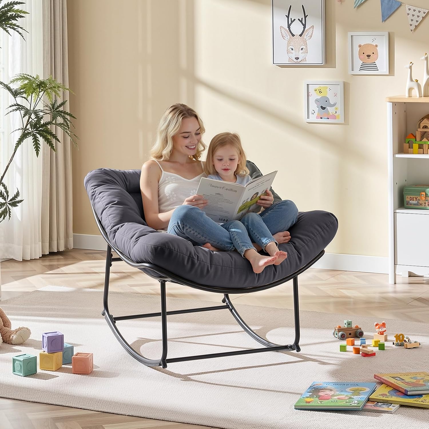 ONBRILL Papasan Rocking Chair with Cushion, Oversized Patio Lounge Rocker, Egg Chair Outdoor Indoor, for Living Room, Porch, Patio, Garden,Dark Gray