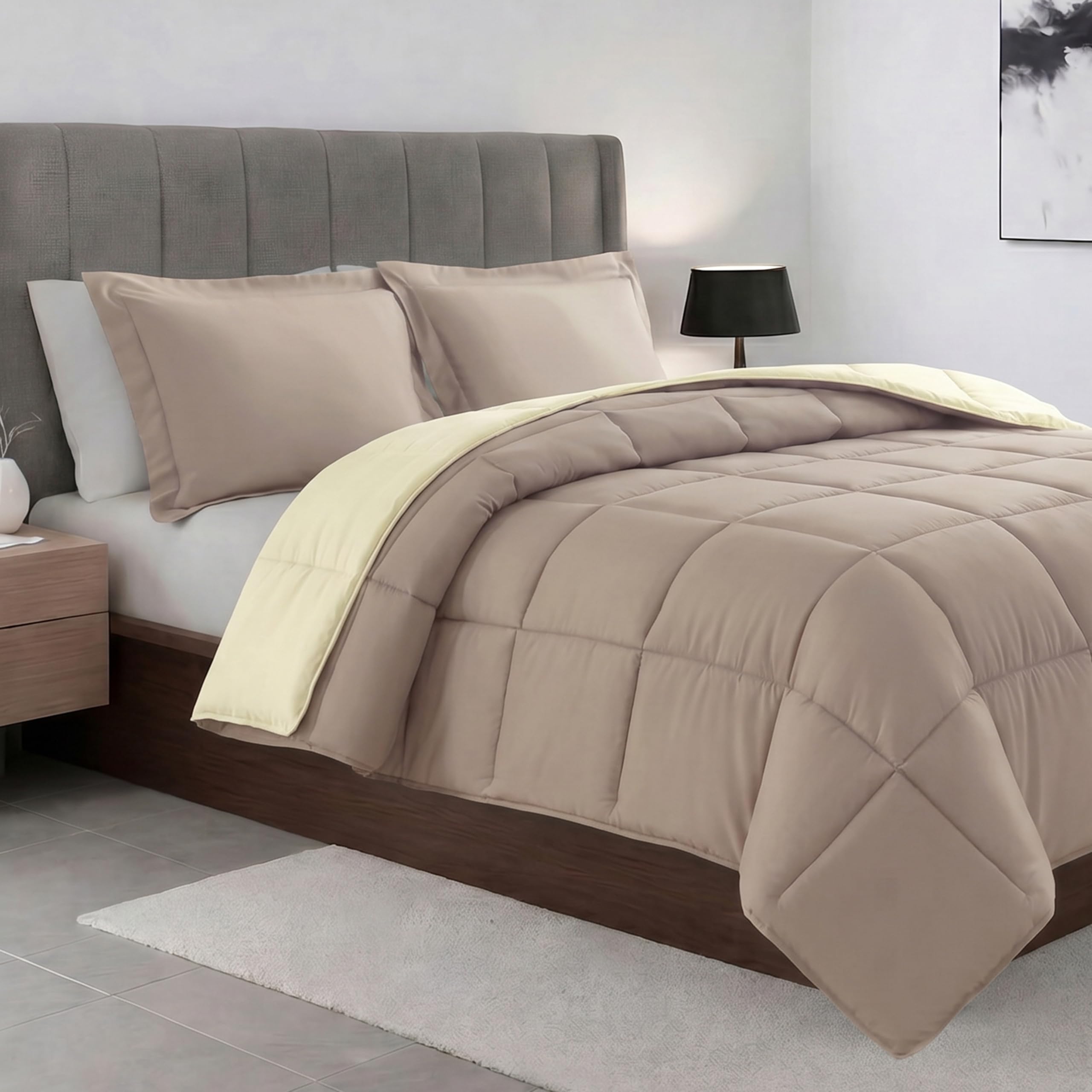 Elegant Comfort All Season Quilted 3-Piece Reversible Comforter Set-Duvet Insert with 4 Corner Tabs, Box Stitched Down Alternative, Cozy and Soft Comforter Set with Shams, Twin, Linen/Ivory