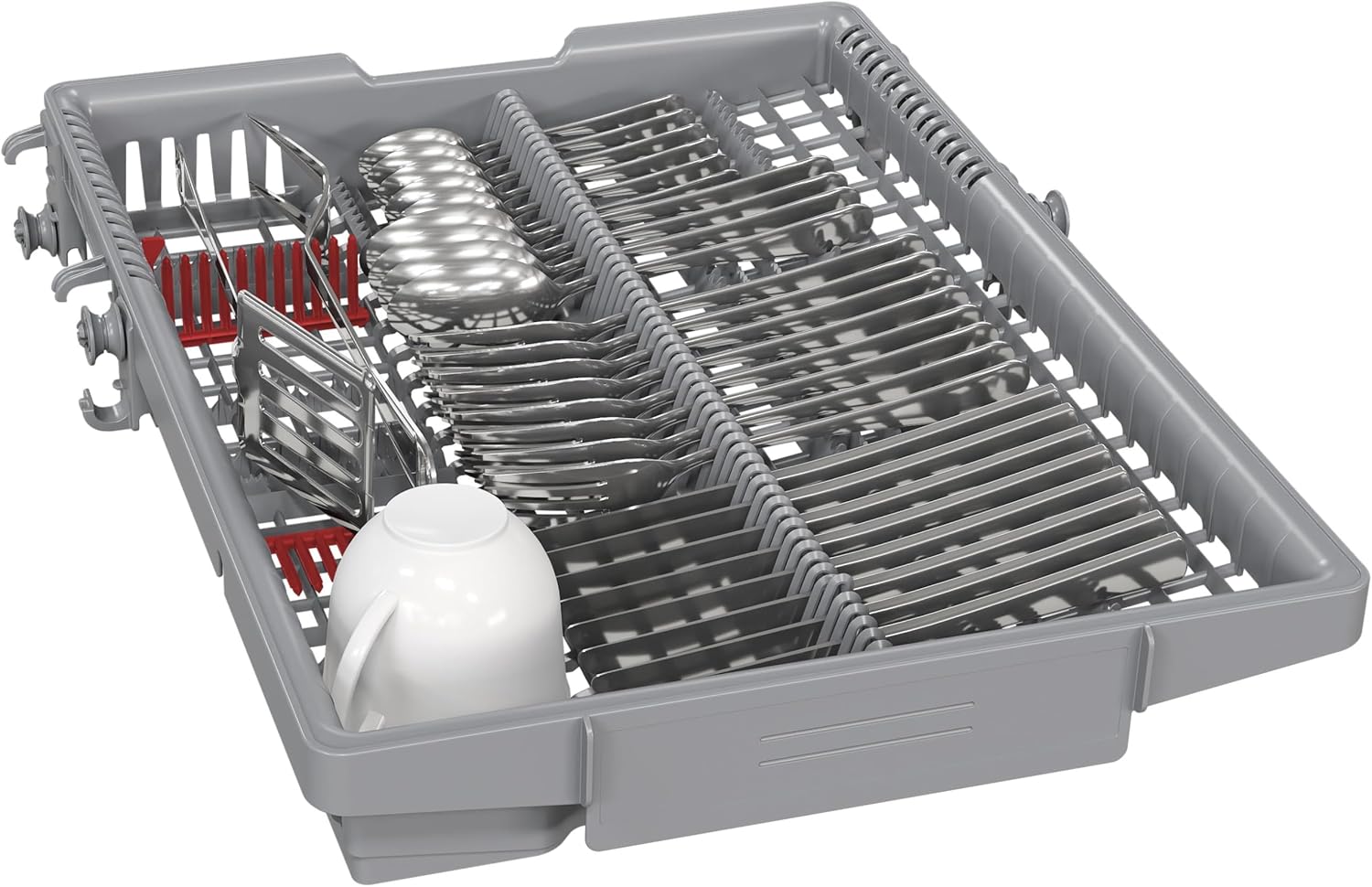Close-up of the dishwasher's third-level cutlery drawer, filled with various utensils and a small cup.
