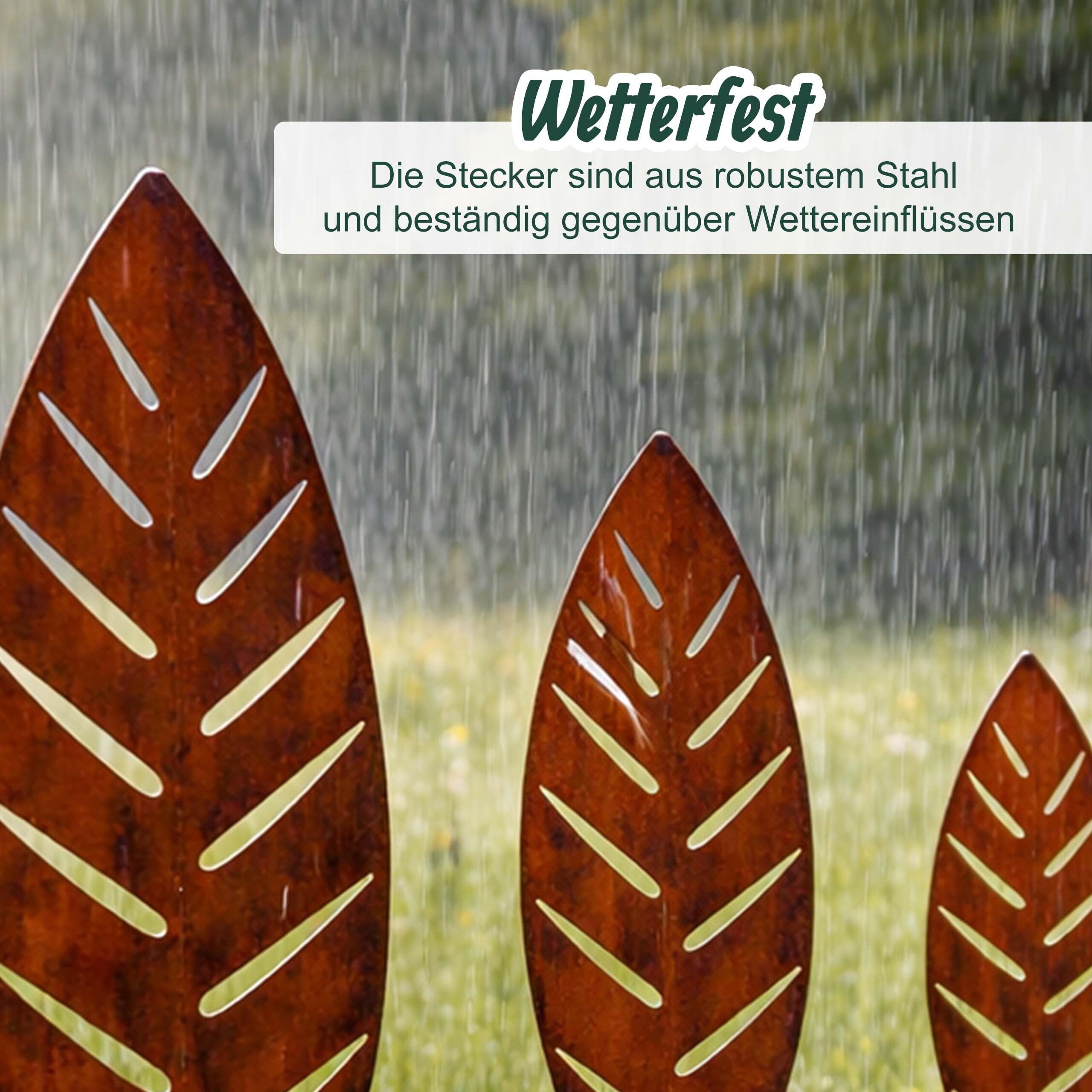 Relaxdays Gartenstecker Palmblatt, 3er Set, Rost, Metall, H: 50–100 cm, Gartendeko, Metallstecker für draußen, braun