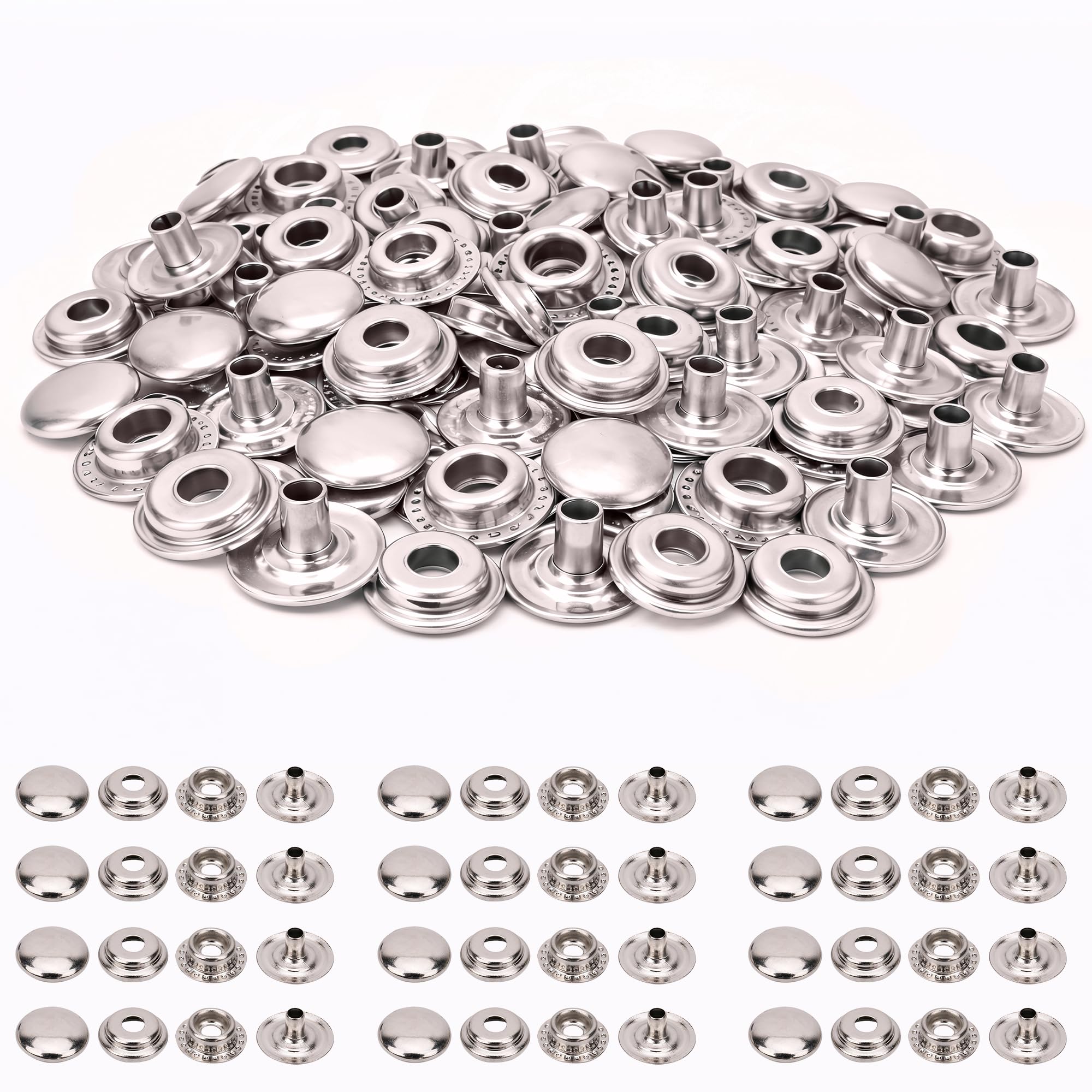 Trimming Shop 12mm Press Studs 4 Part, Snap Fasteners No-Sew Metal Snap Buttons for Sewing, Repair Clothing, DIY Leathercrafts, Jackets, Handbags, Purses, Silver, 100pcs Set