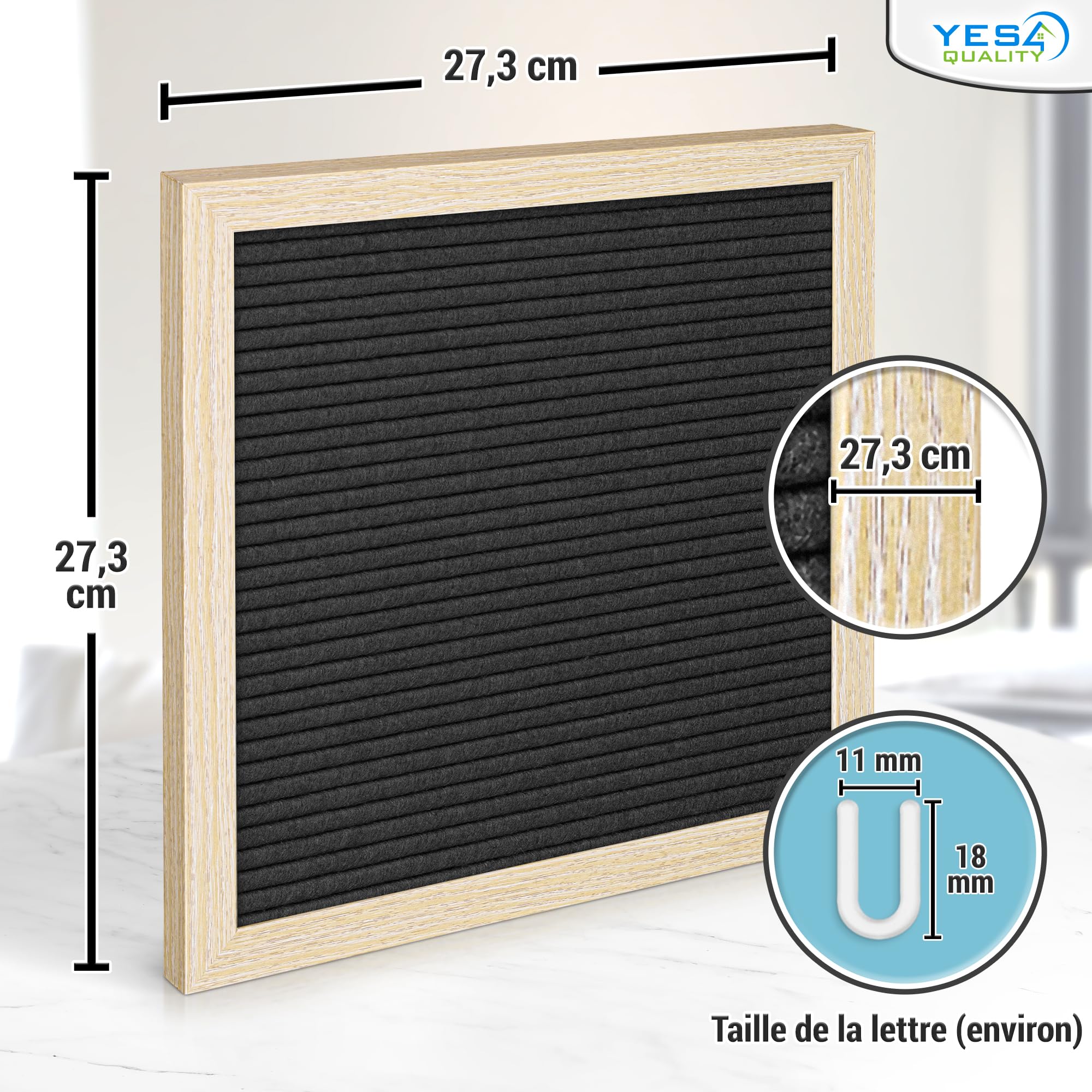 Tableau à lettres en feutre – 25 x 25cm, noir – 170 lettres, chiffres et émojis pour célébrations et annonces – Tableau à messages personnalisable avec cadre en bois pour la maison – par Yes4Quality