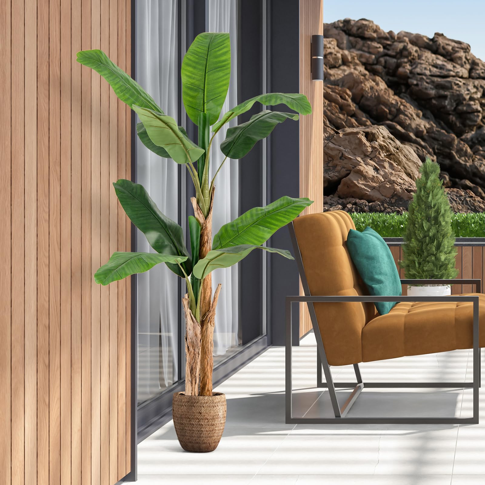 GIANTEX Plante Artificielle Intérieur, Fausse Plante Bananier 165 CM en Pot avec Ciment, 2 Tiges Réalistes & 10 Grandes Feuilles, Arbre Artificiel Intérieur Extérieur Maison Jardin Bureau