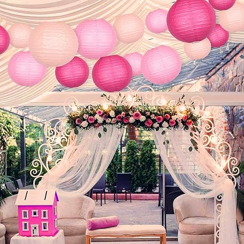 Miniatura 3 de Faroles de papel colgantes decorativos, faroles de papel chinos rosados, decoraciones de fiesta de techo con 16 luces LED para bodas, aniversarios,