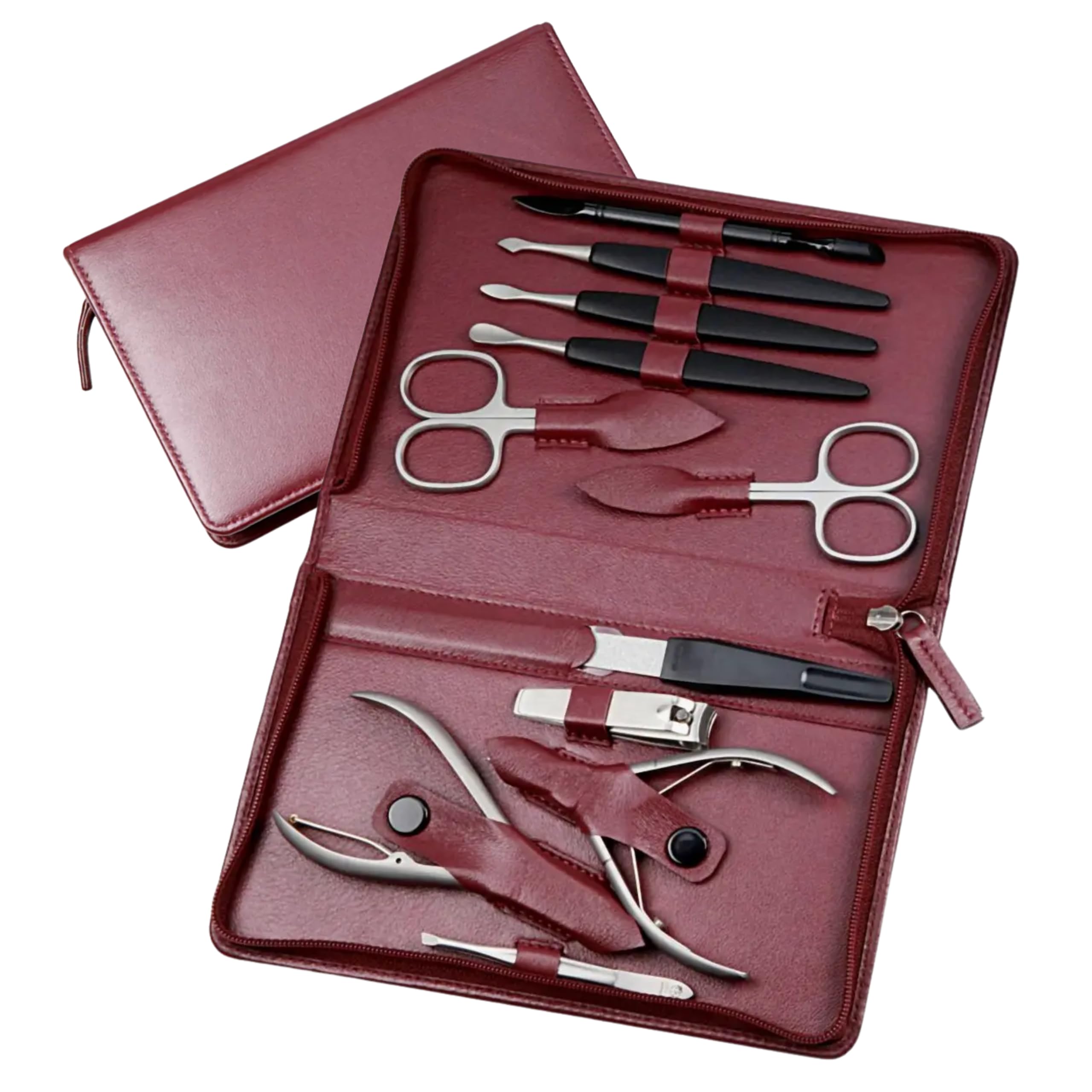 Sonnenschein by Hans Kniebes Maniküre Set 11-teilig Bordeaux - Manicure-Etui aus Nappa-Lammleder - Nagelschere Hautschere Nagelzange Pinzette Feile Knipser - Rostfreier Edelstahl