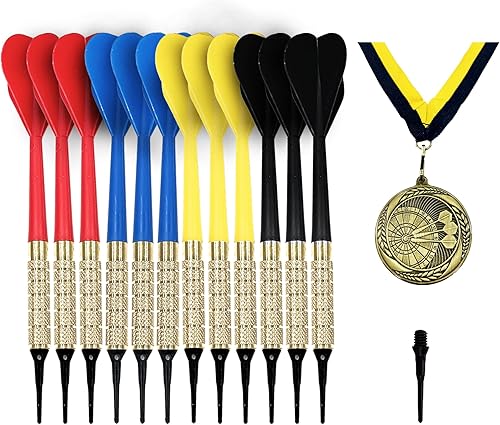 Paquete de premio de medalla de oro con juego de dardos de arácnido, juego de 12 con 100 puntas adicionales de punta suave con vuelos de plástico,