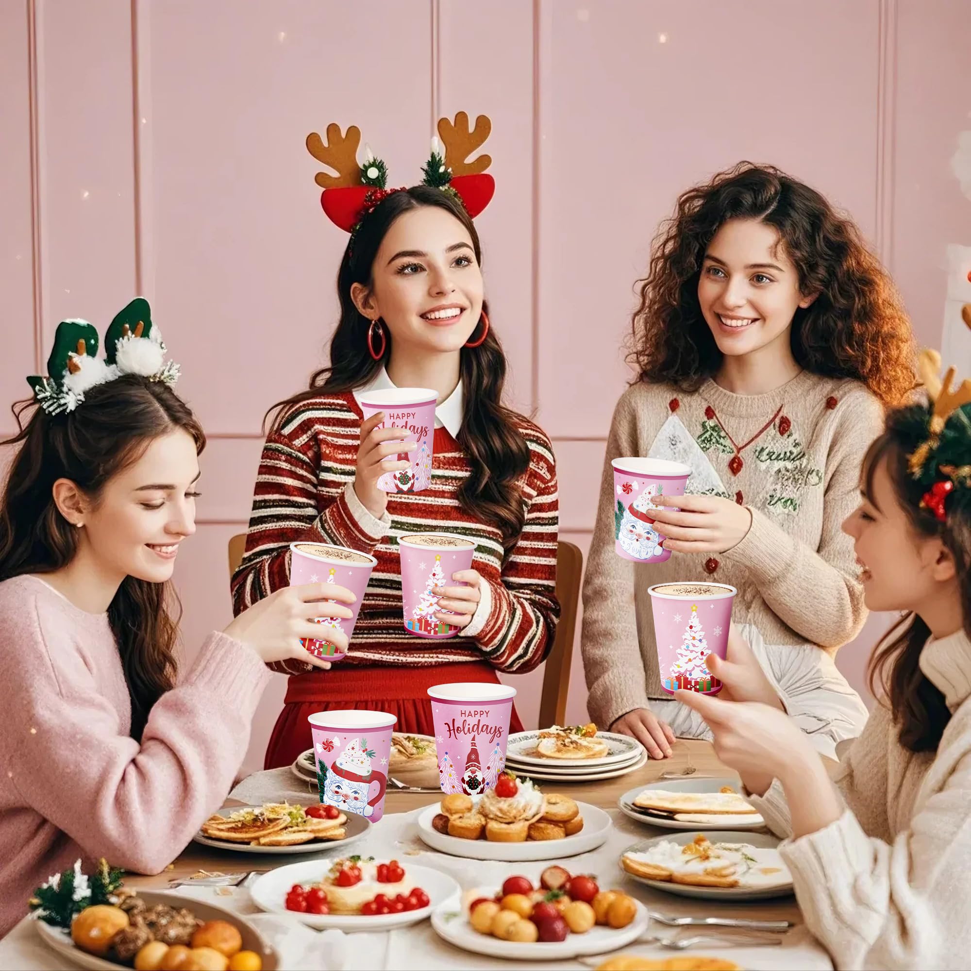 WRAPAHOLIC 100 vasos de papel de Navidad – 9 onzas, vasos desechables de Papá Noel, gnomo y árbol de Navidad, suministros de fiesta de vacaciones para jugo, café, bebidas frías y calientes