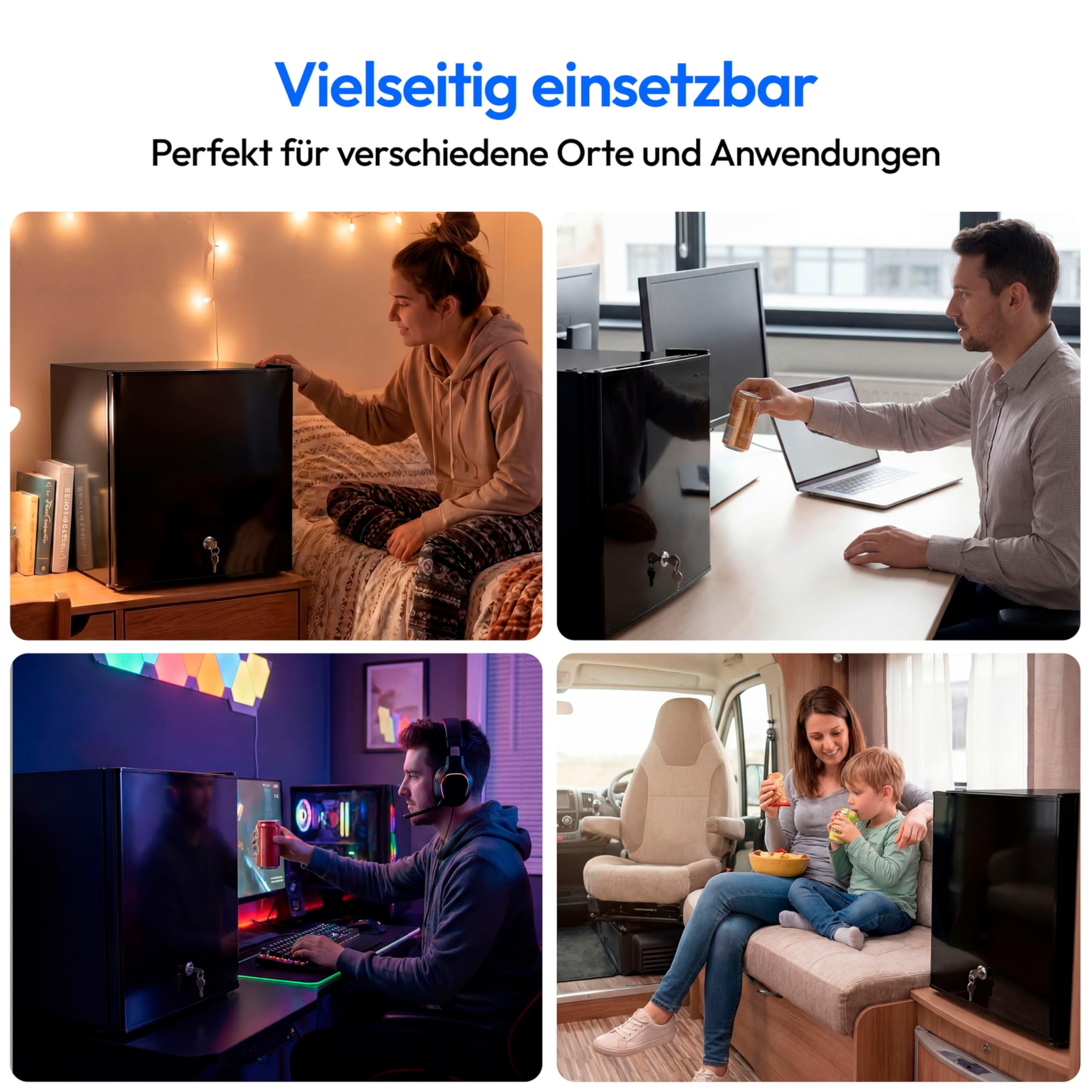 MEDION Mini Kühlschrank mit Schloss und Eisfach (klein, leise, abschließbar, 42L kleiner Kühlschrank für Büro Hotels Minibar Camping Gaming, Speisen & Eis, Türanschlag wechselbar, MD 370001) schwarz