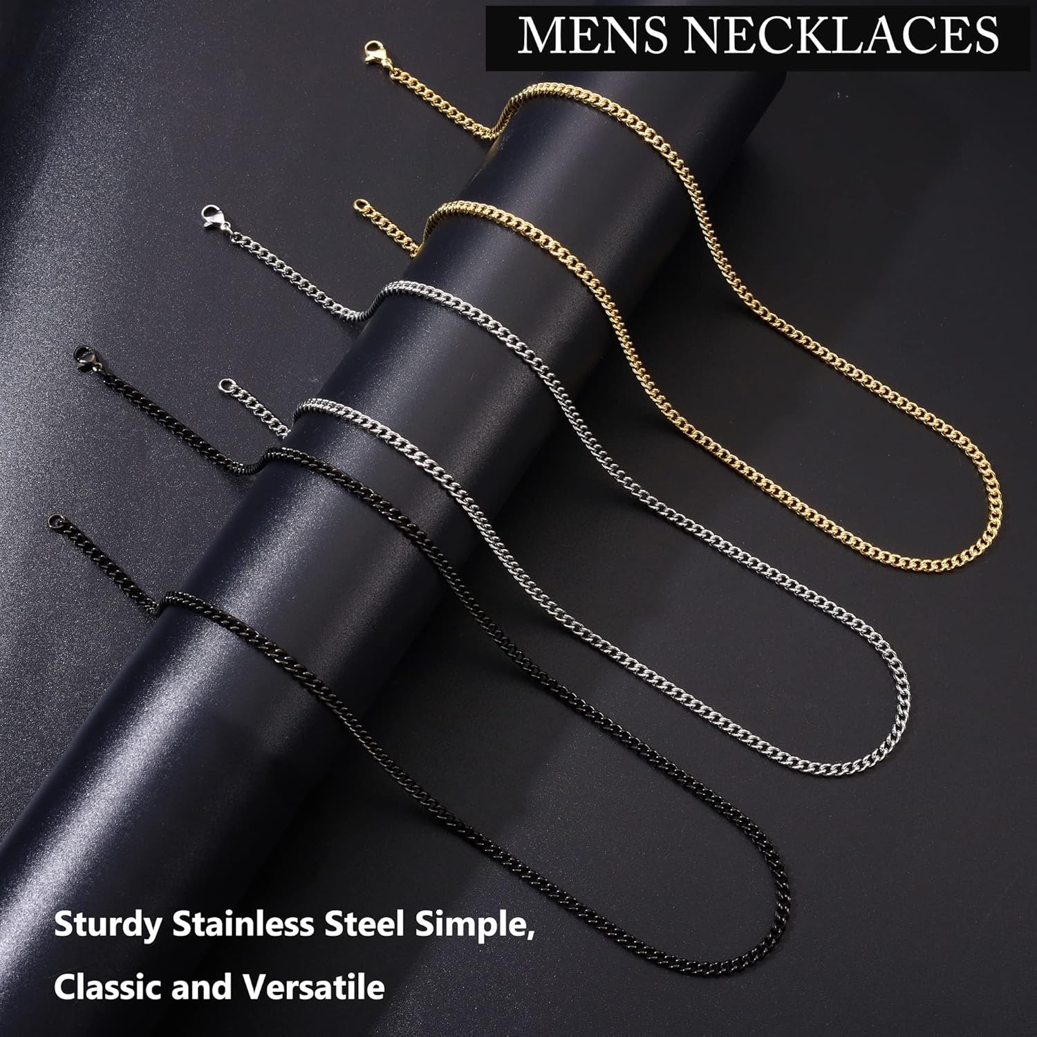 Miniatura 5 de 3Pcs Stainless Steel Chain Necklace for Men, 18K Gold Plated Silver Black Chain Necklace Set 3MM Stainless Steel Chain Necklace Cuban Link Chain Set