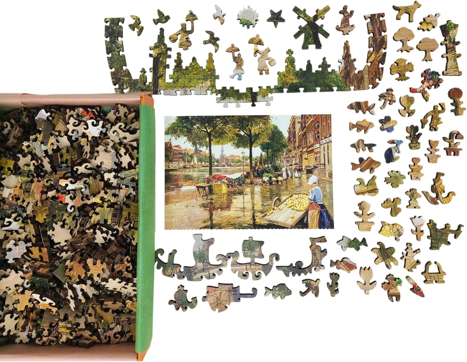 Wooden Puzzle for Adults - Uniquely Shaped Pieces - Made in The USA by FoxSmartBox - 465 Pieces - Flower Market in Amsterdam