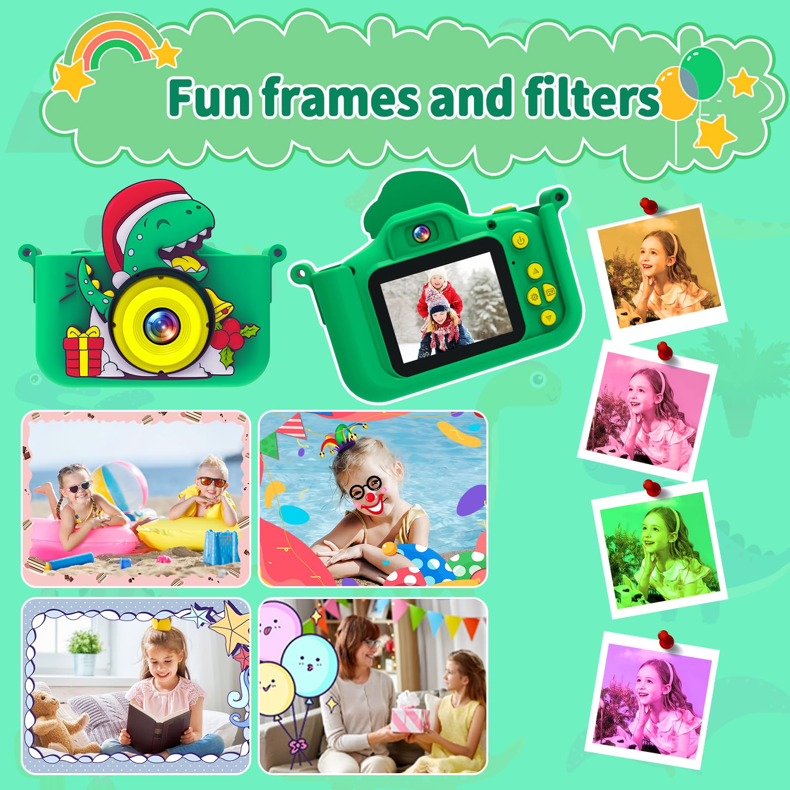MYSTILUCK Macchina Fotografica Bambini Dinosauro, con 32 GB Schede e Lettore di Schede USB, Fotocamera Giocattoli per Maschi, Regali di Natale e Compleanno per Bambini dai 3 ai 12 Anni(Verde)