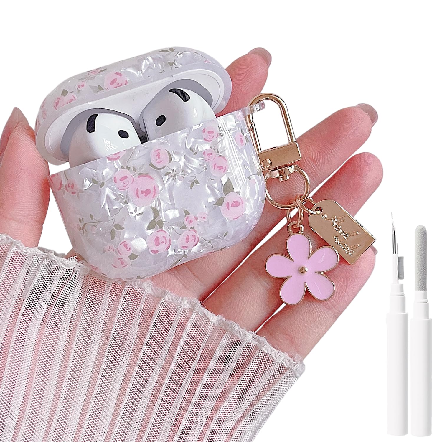 MINSCOSE for Cute Glitter AirPods 4 Clear Case,Shell Pattern Flower Design with Girly Floral Keychain,Soft TPU Protective Cover with Cleaner Kit for AirPods 4th Generation-Pink