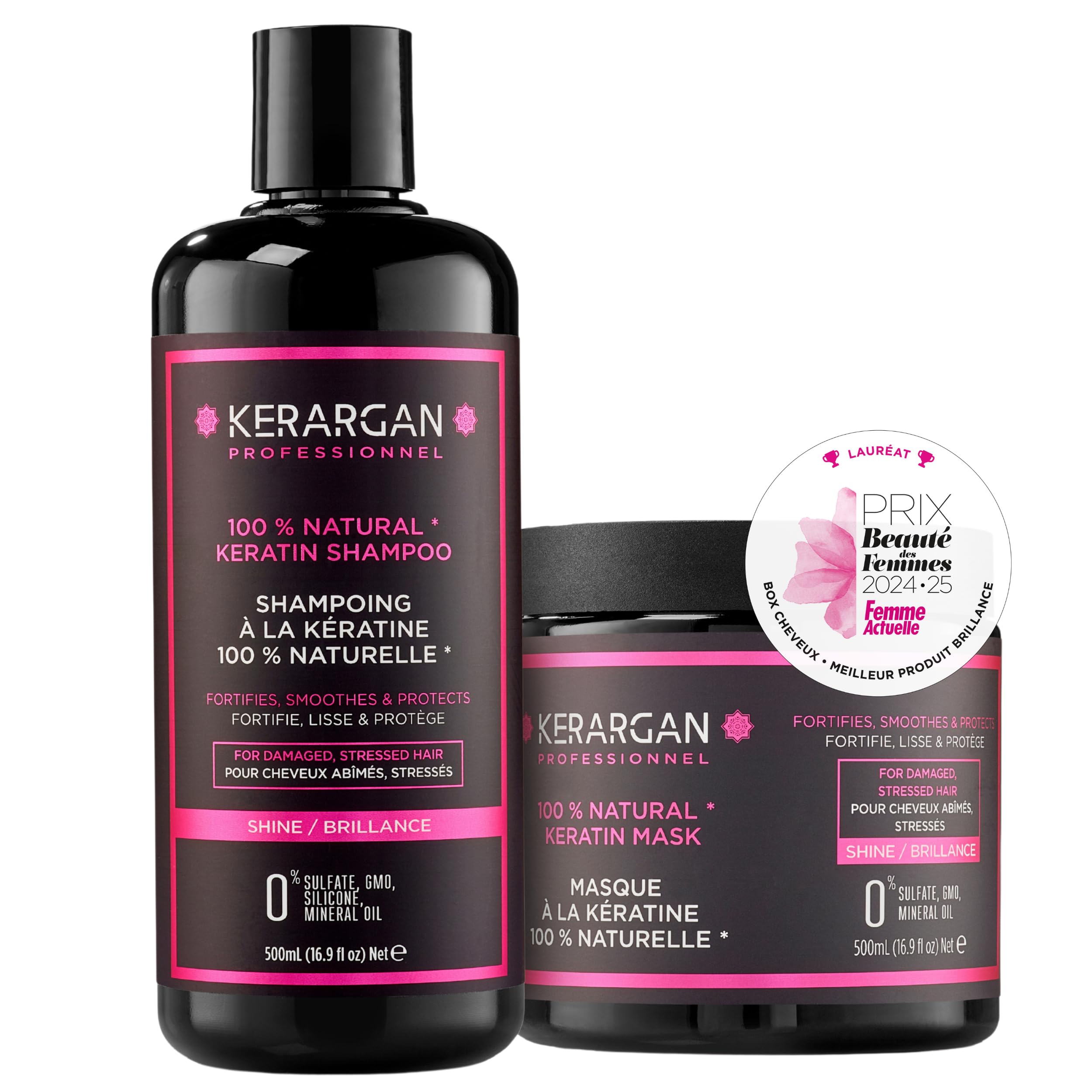 Kerargan - Duo Ultra Réparateur Shampoing & Masque à la Kératine pour Cheveux Abîmés et Stressés - Nourrit, Lisse & Protège - Sans Sulfate, OGM, Silicone - 2x500 ml | Shampoing et masque, nettoient puis réparent intensément les cheveux abîmés ou stressés