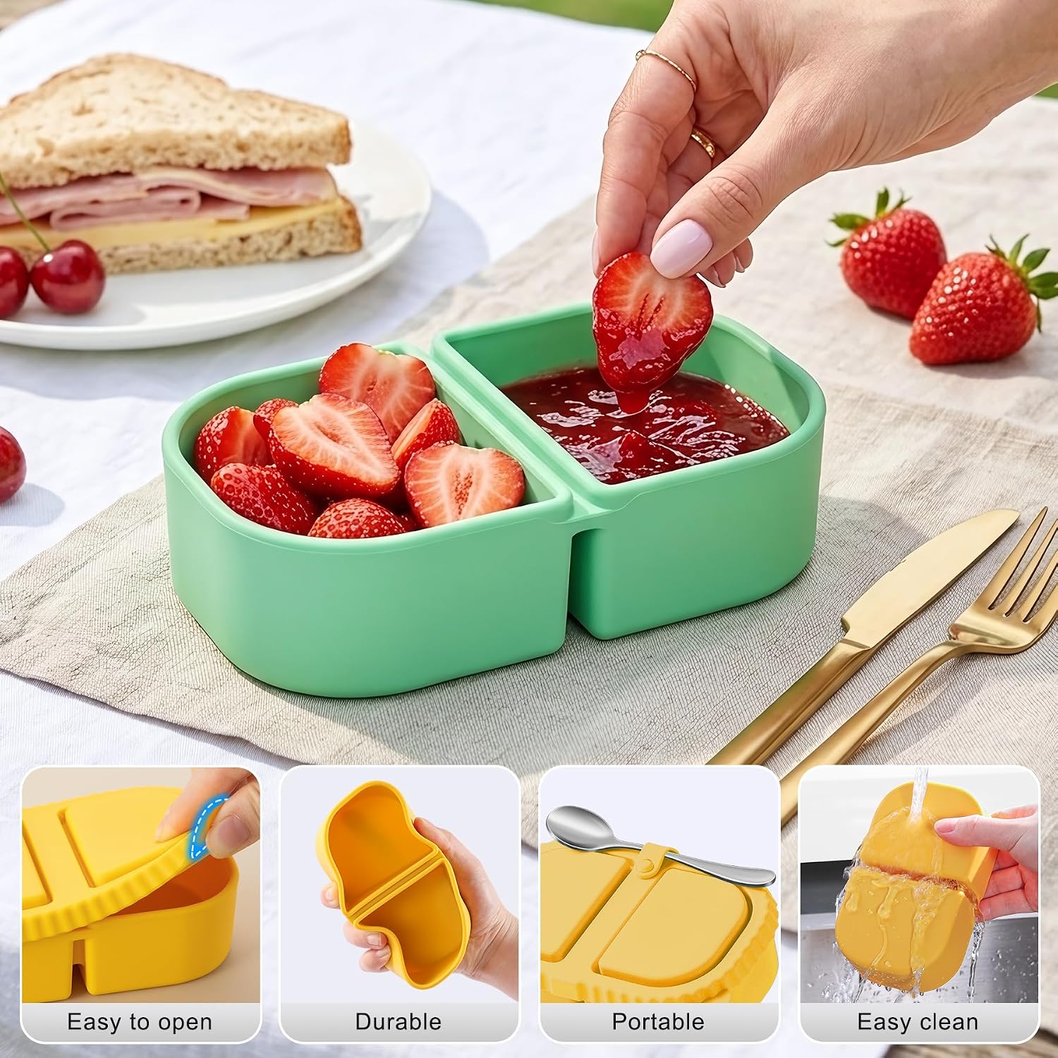6 Pack Reusable Silicone Snack Containers with Lids, 2 Compartment Bento Snack Boxes, Leakproof Portion Control Food Containers for Fruits, Nuts, School, Office & Travel, Dishwasher Safe