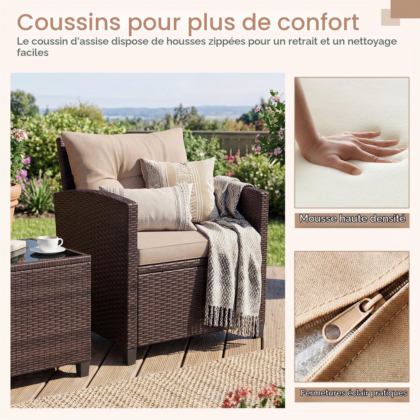 GIANTEX Salon de Jardin 2 Personnes en Rotin, Mobilier Jardin avec 2 Fauteuils, Coussins Amovibles, Table Basse Plateau en Verre Trempé, pour Balcon, Cour, Marron + Beige