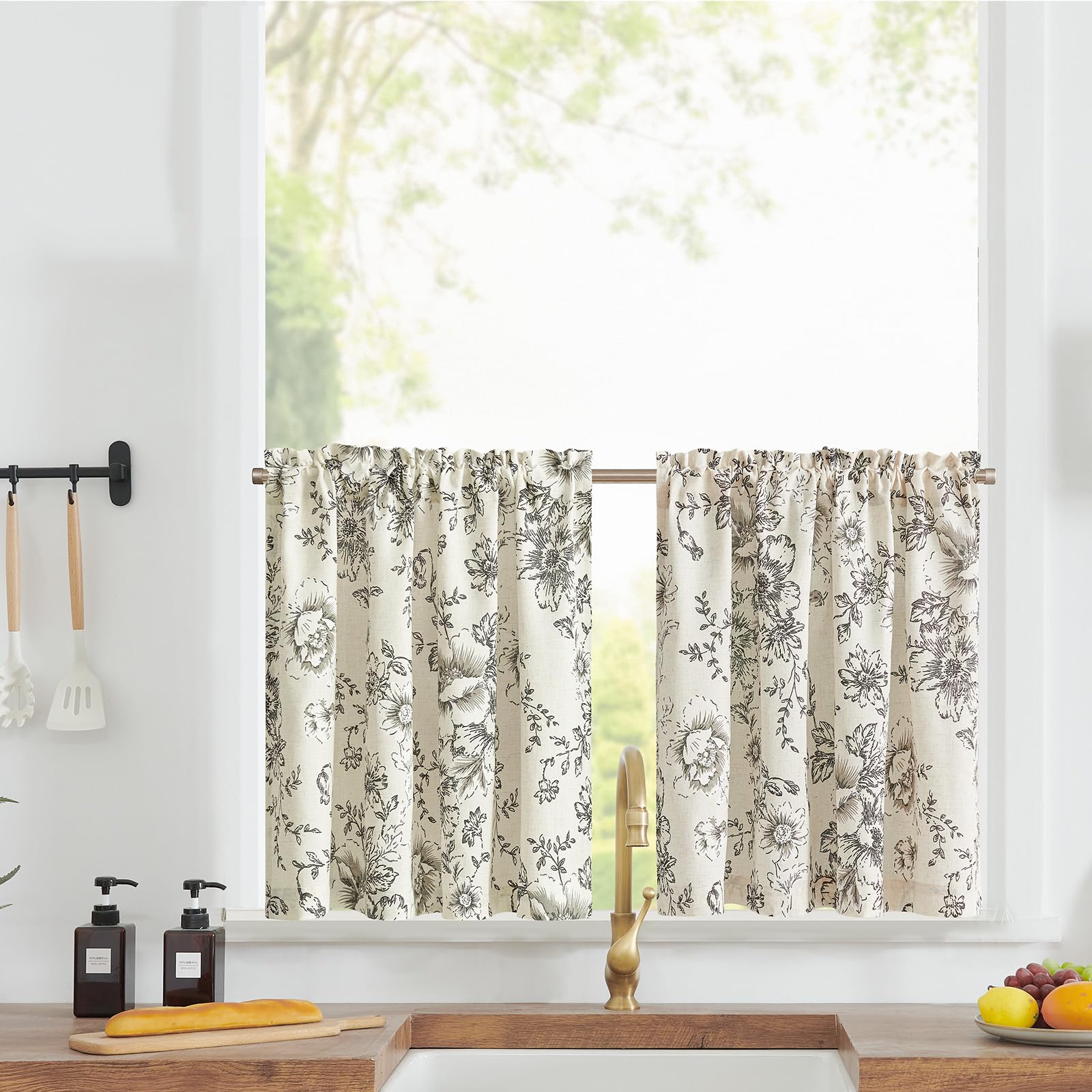 TOPICK Kitchen Curtains 24 Inch Drop, Linen Look Black Floral Rod Pocket Small Cafe Curtains, Light Filtering Short Curtain Tiers for Cupboard Base, Sink, Basement, Bistro, W36 x L24 Inch