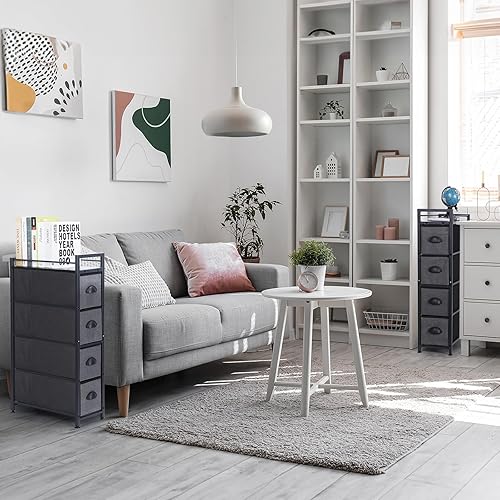 Miniatura 7 de HAITRAL Cómoda estrecha Armario de almacenamiento de tela delgada de 4 cajones Baúl de almacenamiento vertical Organizador de torre con cajones