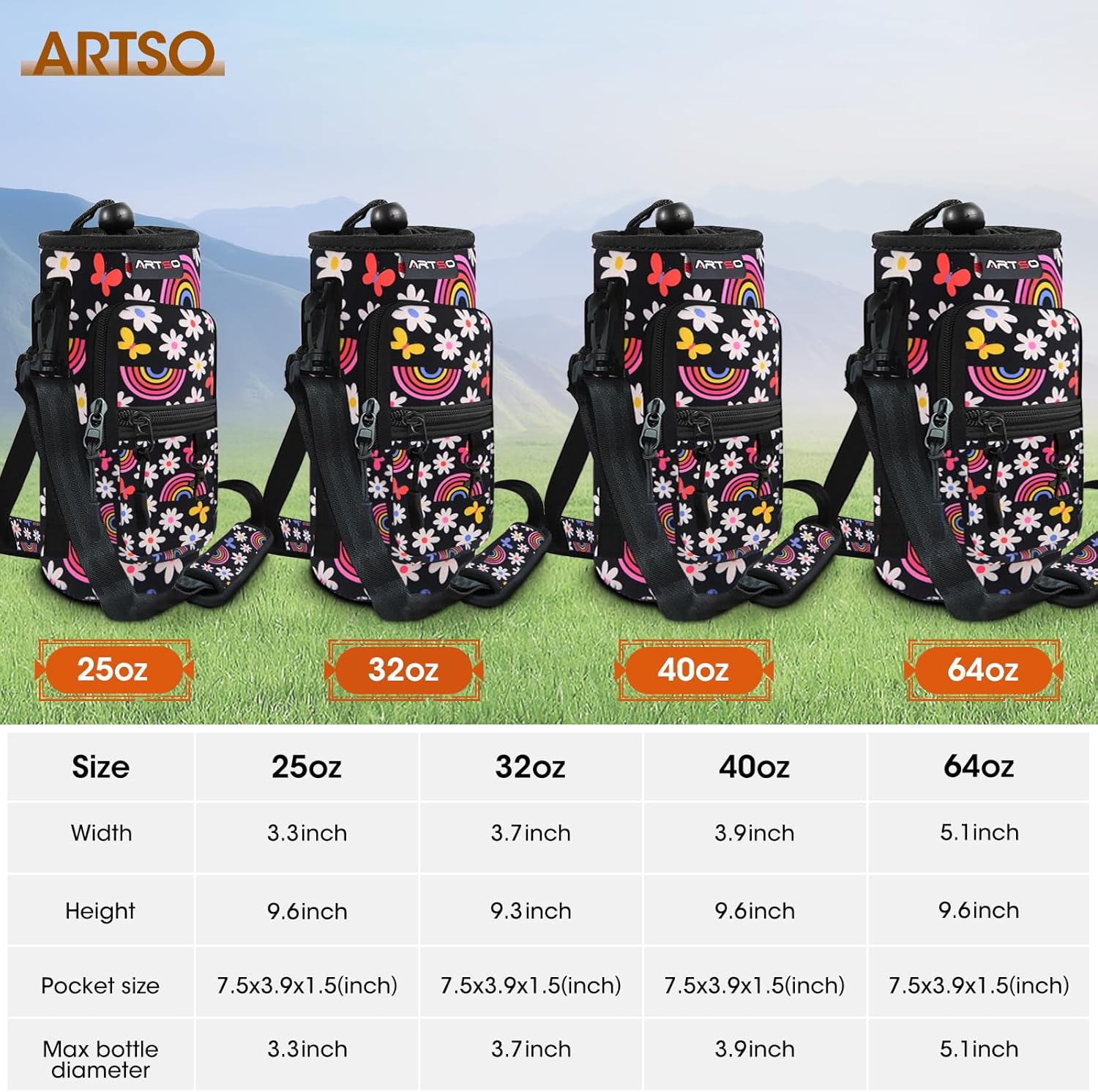 ARTSO Water Bottle Carrier Bag with Phone Pocket, Neoprene Sleeve Water Bottle Holder Sling Bag Pouch with Adjustable Strap 25/32/40/64 oz for Walking Hiking Camping Gym(32oz, Black Rainbow Flowers) - Image 6