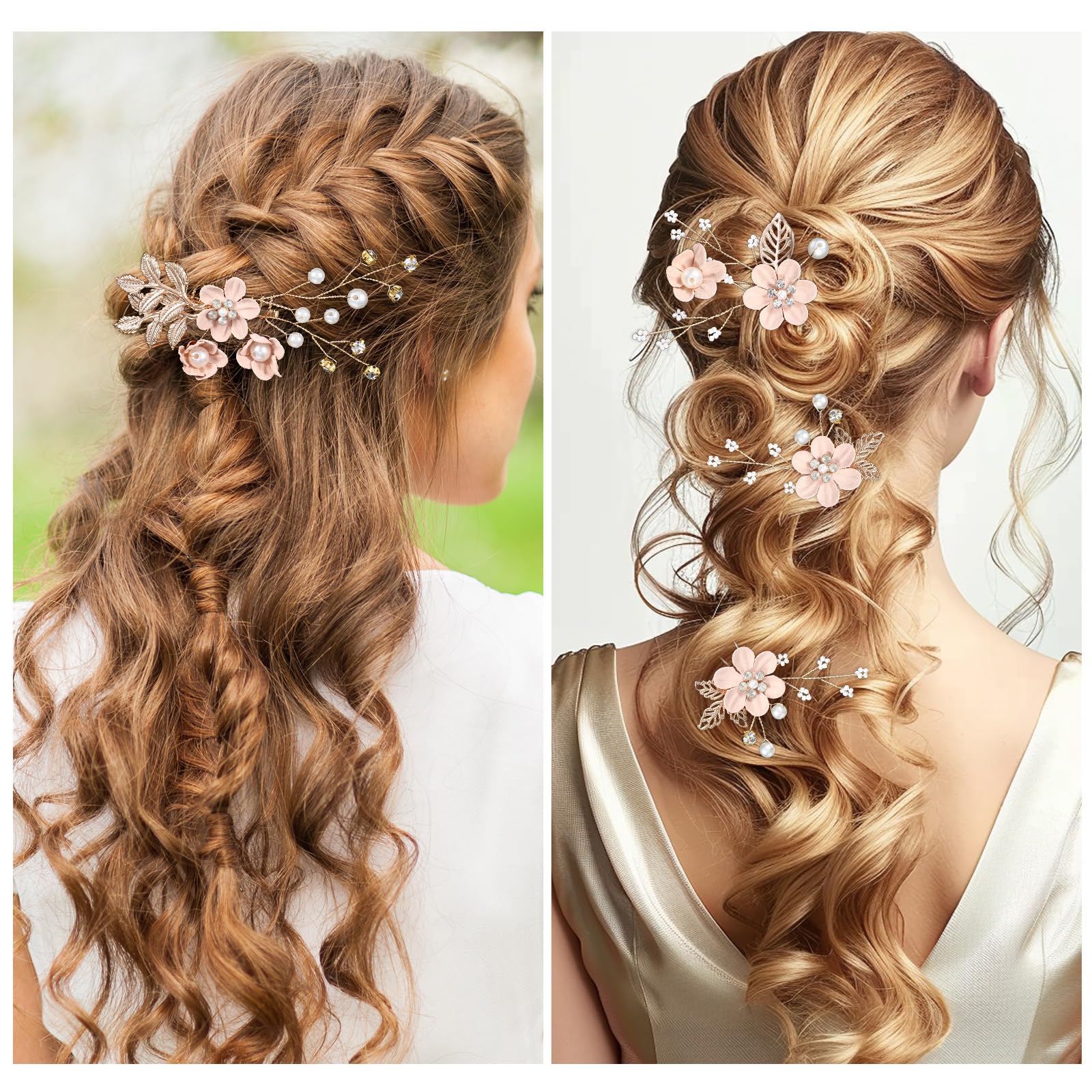 Andibro 4 peines para el pelo de novia, flores rosas, diamantes de imitación, accesorios para el pelo, perlas tocado para mujer, niña, fiesta, graduación, damas de honor, niñas de flores