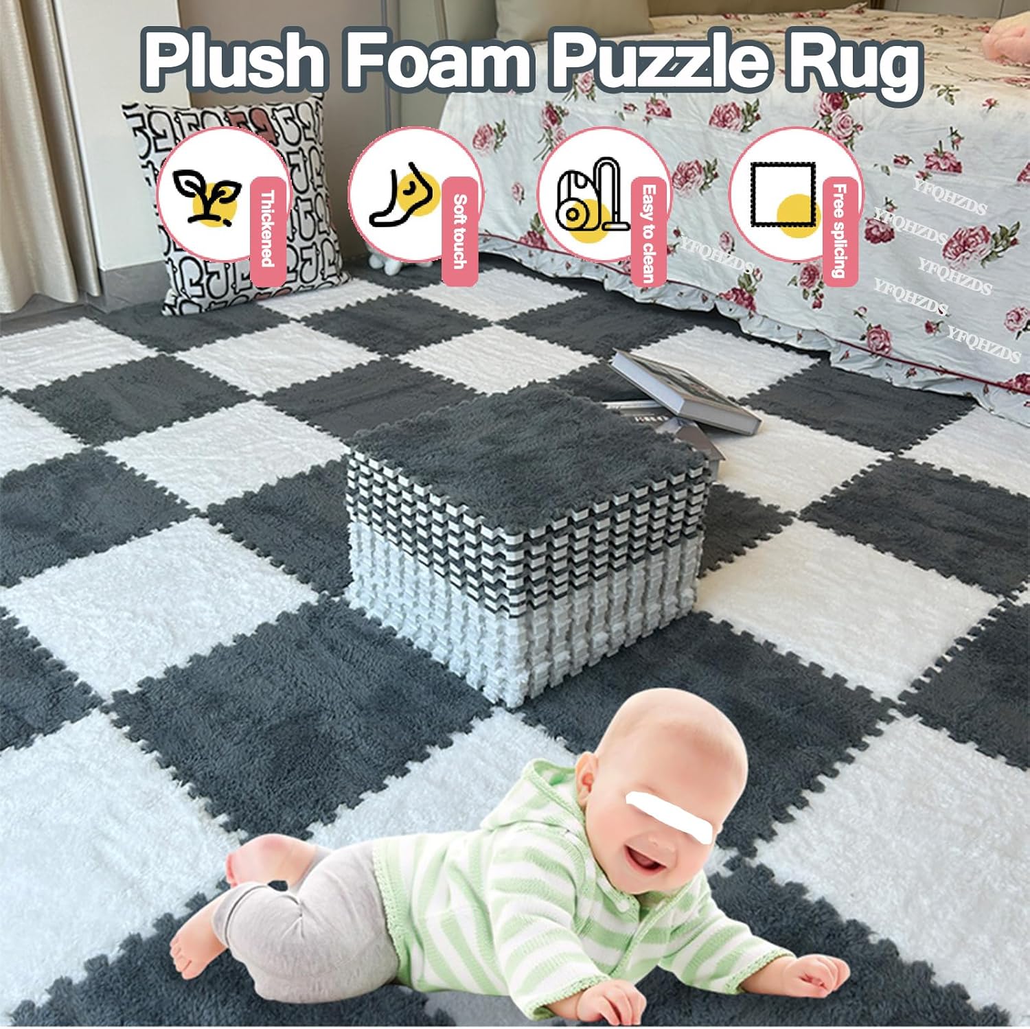 24Pcs Interlocking Plush Foam Carpet Tiles - Soft, Thick 12x12 Inch Fuzzy Puzzle Squares for Bedroom & Parlor Decoration, Fluffy Yellow Flooring Mats