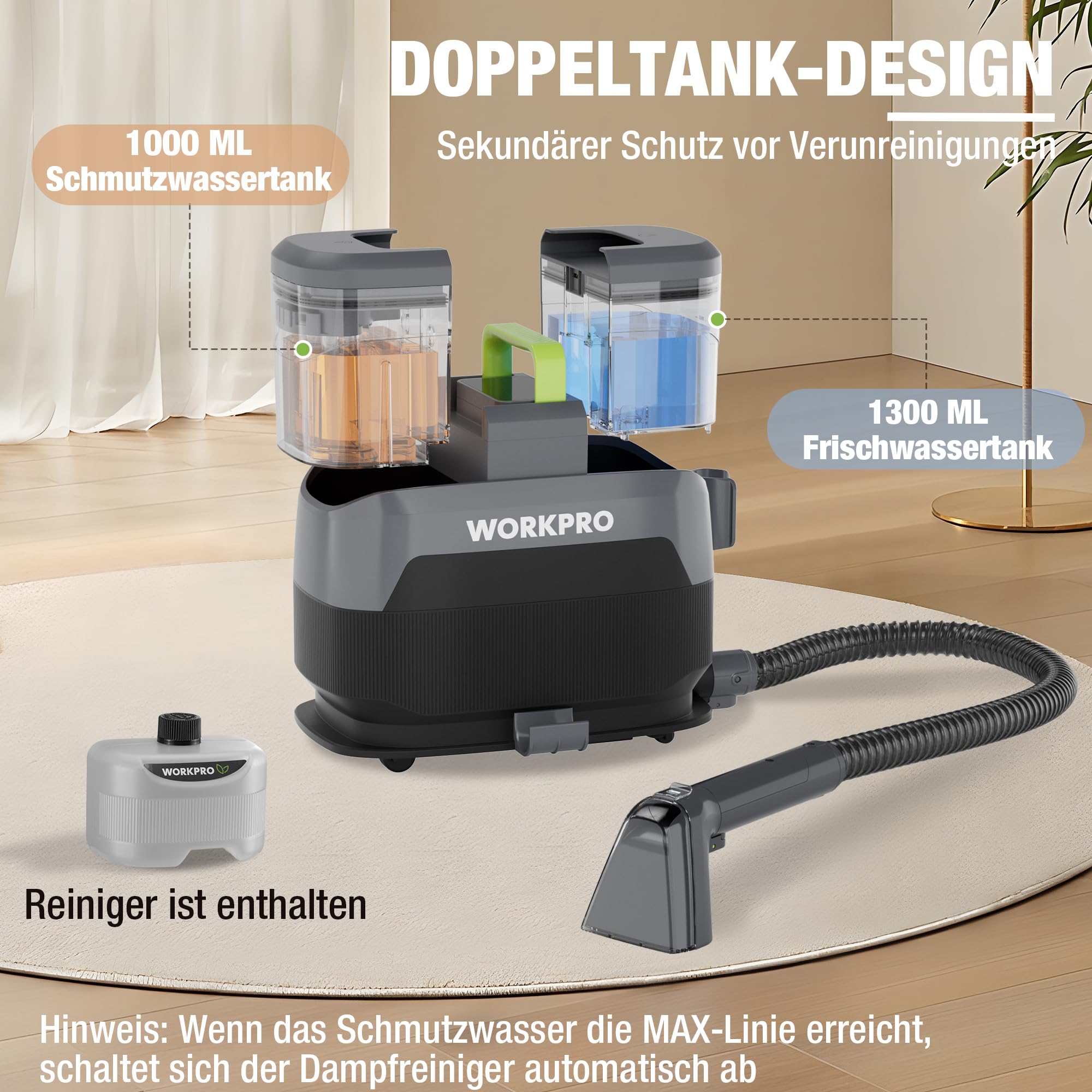 WORKPRO Aspirapolvere Lavatapetti e Lavatappezzeria, 16 kPa Pulitore a Vapore per Divani, 4 Modalità di Pulizia, Accessori Multipli, Pulitore Portatile per Macchie di Animali, Divano, Auto, Tappeto