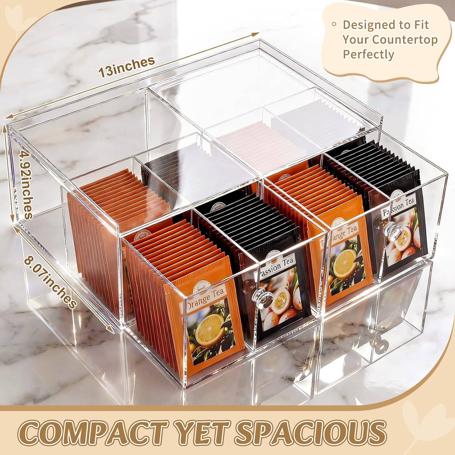 Novabright Large Acrylic Tea Bag Drawer Organizer and Storage, 8 Grids, Clear Tea Holder Organizer with Handle for Office, Kitchen Countertop, Cabinet, Pantry, Well Organized Drink Packet Storage