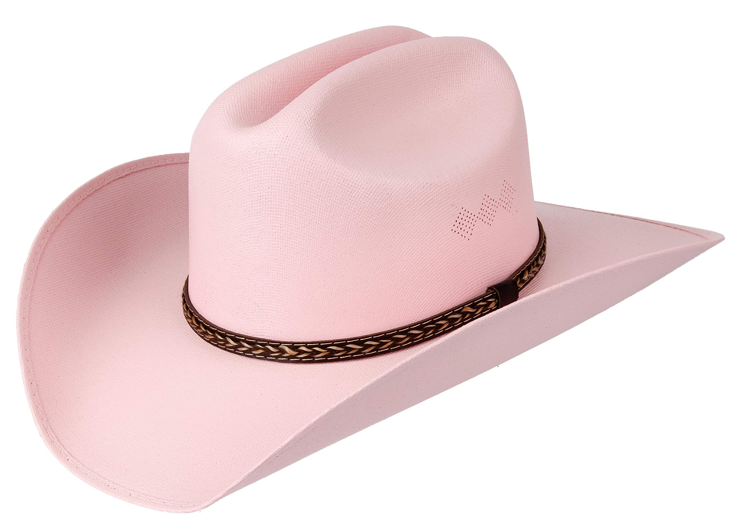 Queue EssentialsClassic Cattleman Straw Cowboy Hat Western Style Pinch Front Canvas Cowboy Cowgirl Hat (Small/Medium, Pink)