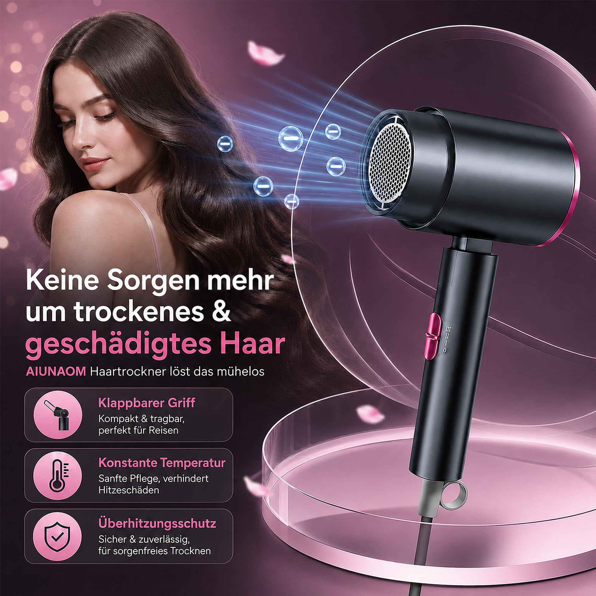 AIUNAOM Föhn Reisefön Klappbar,2000W Schnelltrocknender Haartrockner, Professionelle Reisefön mit Heiß- und Kalttasten,Klappbar Haartrockner für Zuhause und Salon