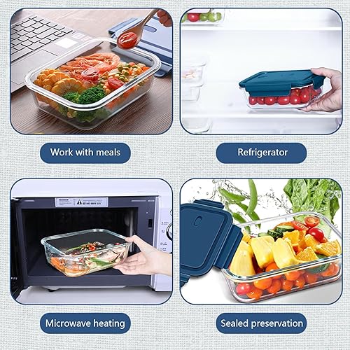 Miniatura 6 de 6 recipientes rectangulares de vidrio para almacenamiento de alimentos con tapas, recipientes de preparación de comidas para almacenamiento de