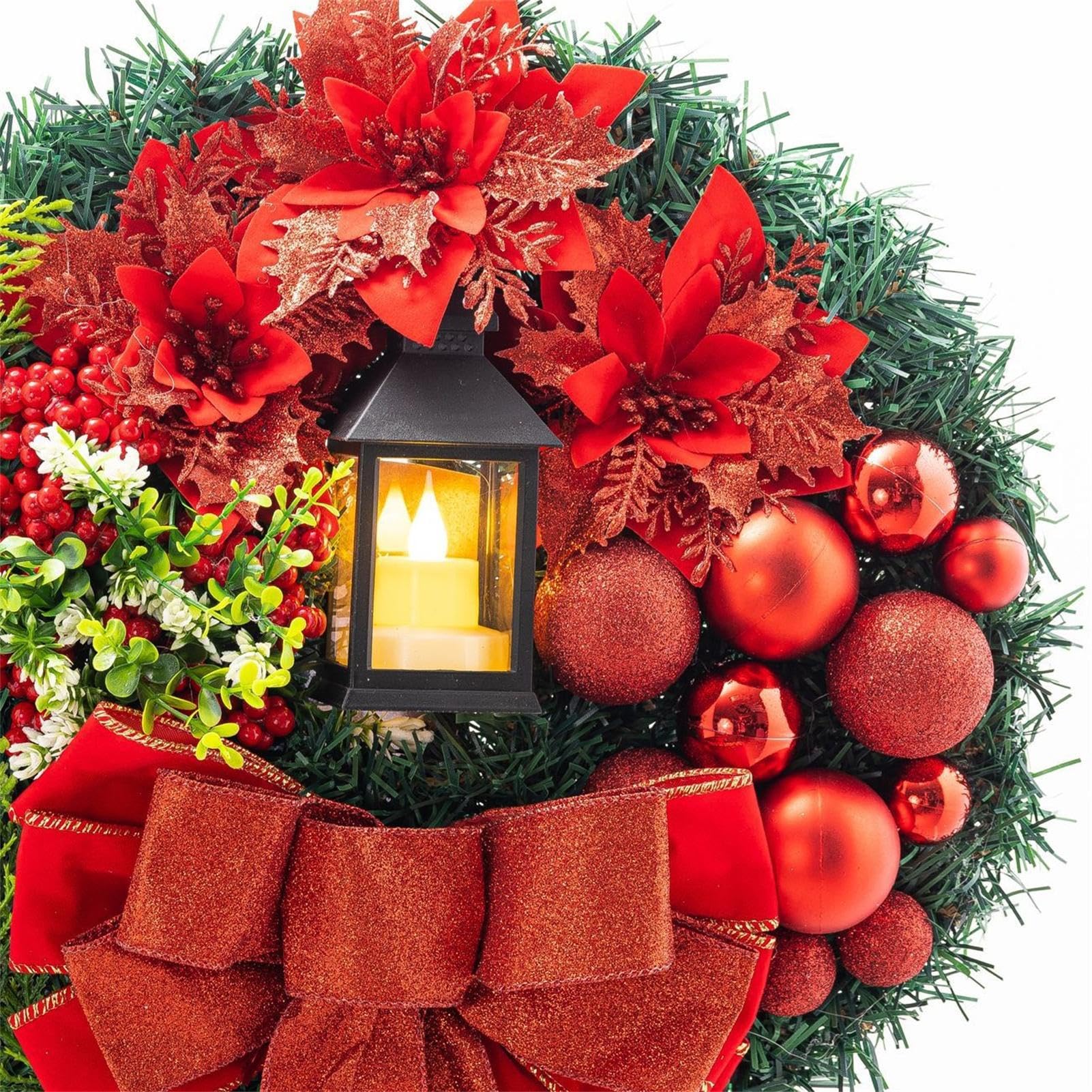 Amazon.co.jp: ライト付きクリスマス リース、赤いリボン付き玄関ドア