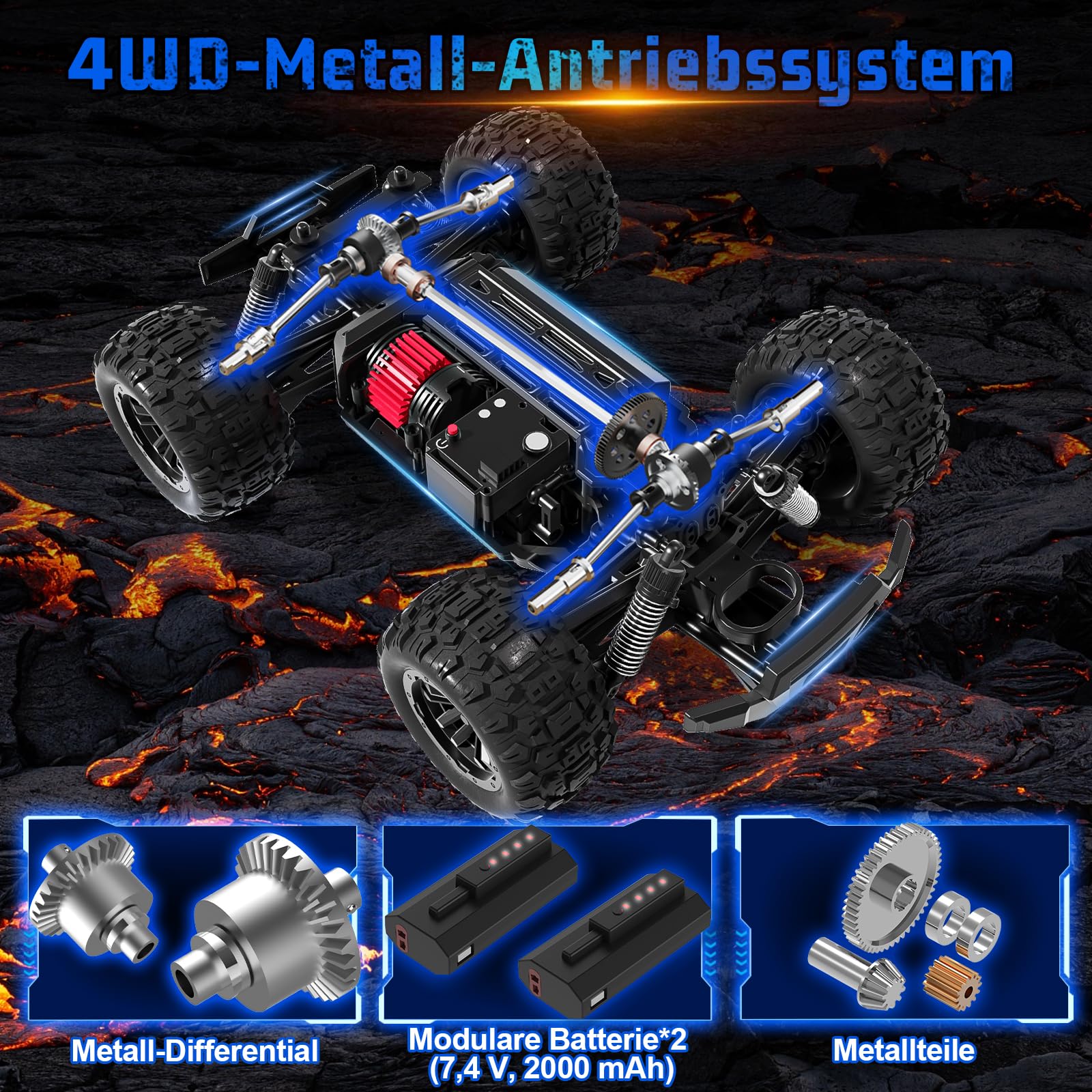 Samochód zdalnie sterowany 40 km/h, 1/14 RC samochód z 7 kolorowymi światłami, 2,4 GHz, pilot zdalnego sterowania z 2 bateriami 2000 mAh, 4 WD, monster truck zdalnie sterowany RTR All Terrain