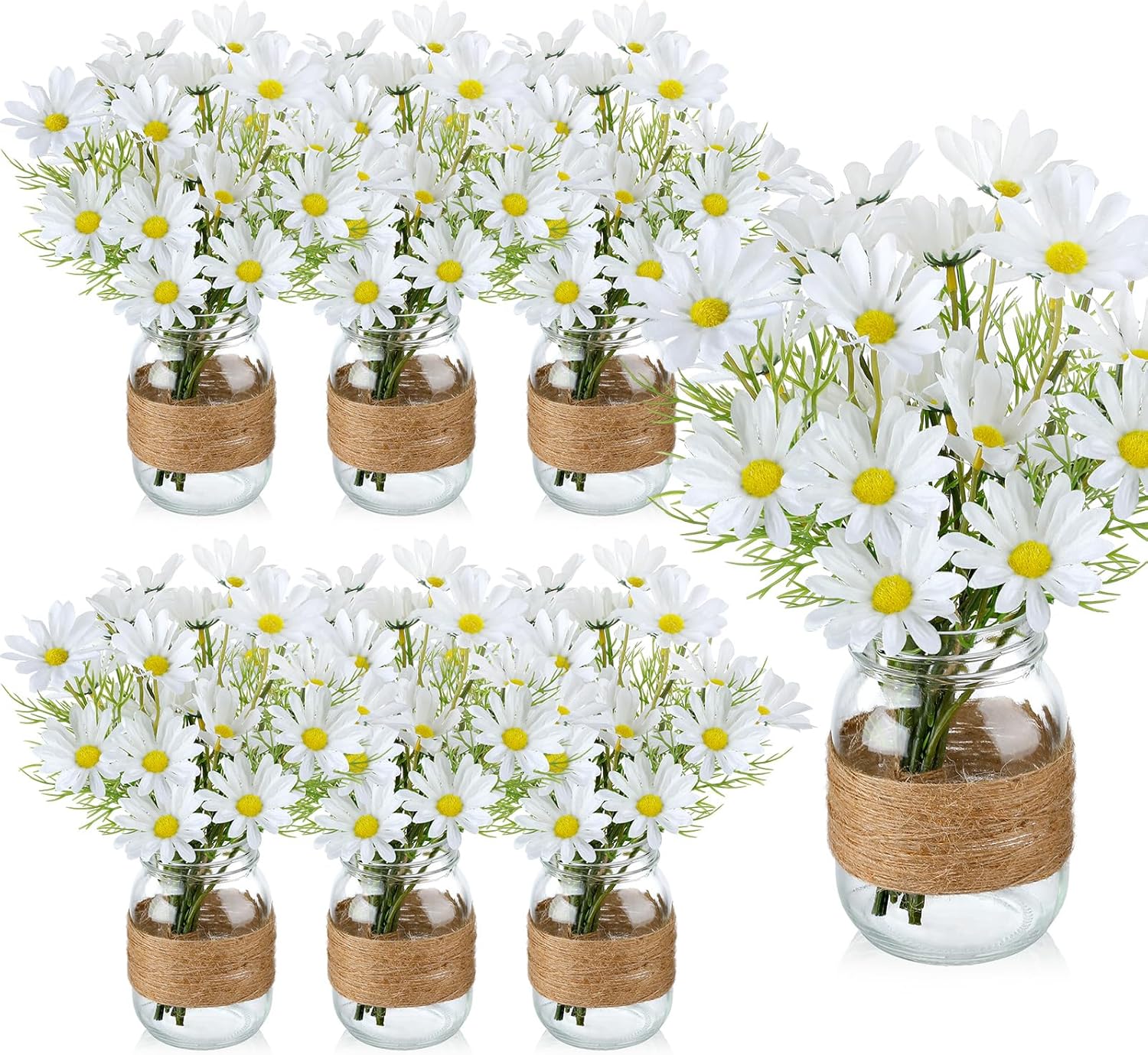 43 Pcs/ 6 Set Babybreath Mason Jar Table Centerpiece Mason Jar Vases Faux Floral with Rope Boho Rustic Flower Table Decoration for Reception Engagement Party Bridal Shower Wedding