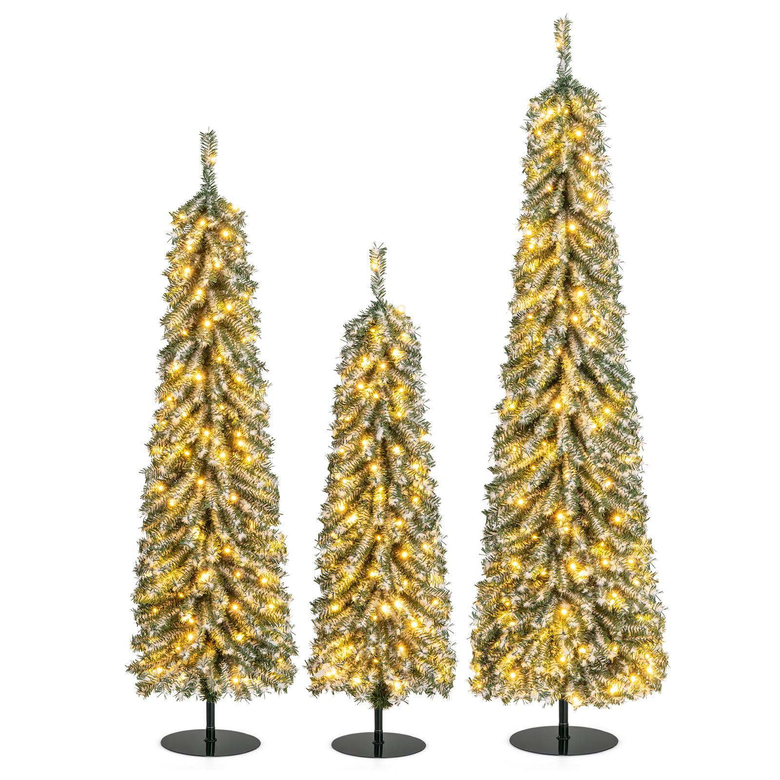 COSTWAY Artificial Christmas Tree Set of 3, Snowy Xmas Tree with PVC Branch Tips and Warm White LED Lights, Pre-Lit Slim Pencil Xmas Decoration Tree (4FT+5FT+6FT)