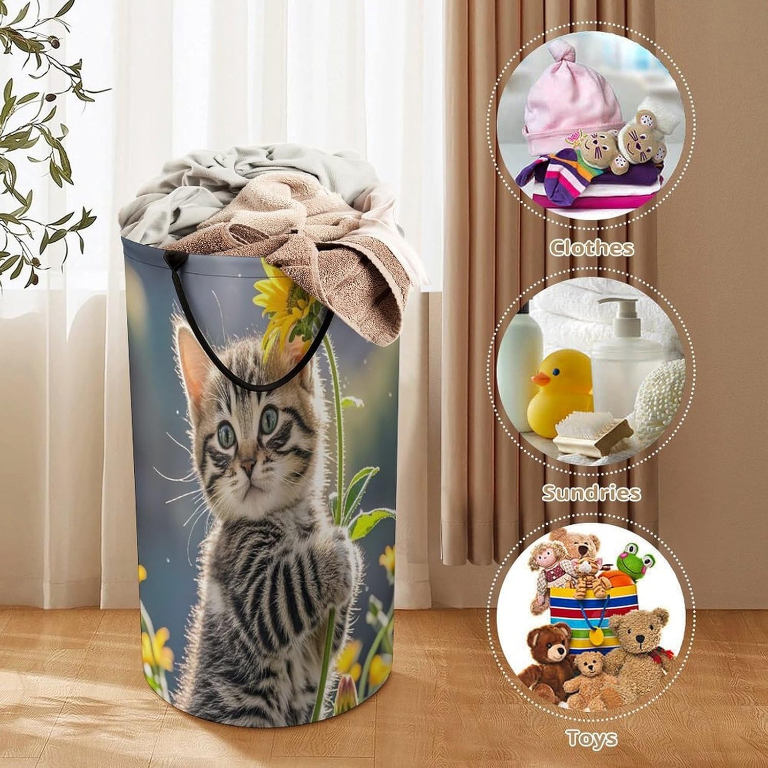 Kitten Hugging A Flower Laundry Hamper Large Collapsible Laundry Basket with Handles Waterproof Clothes Hamper Portable Dirty Clothes Basket for Bedroom Laundry Room Closet Bathroom