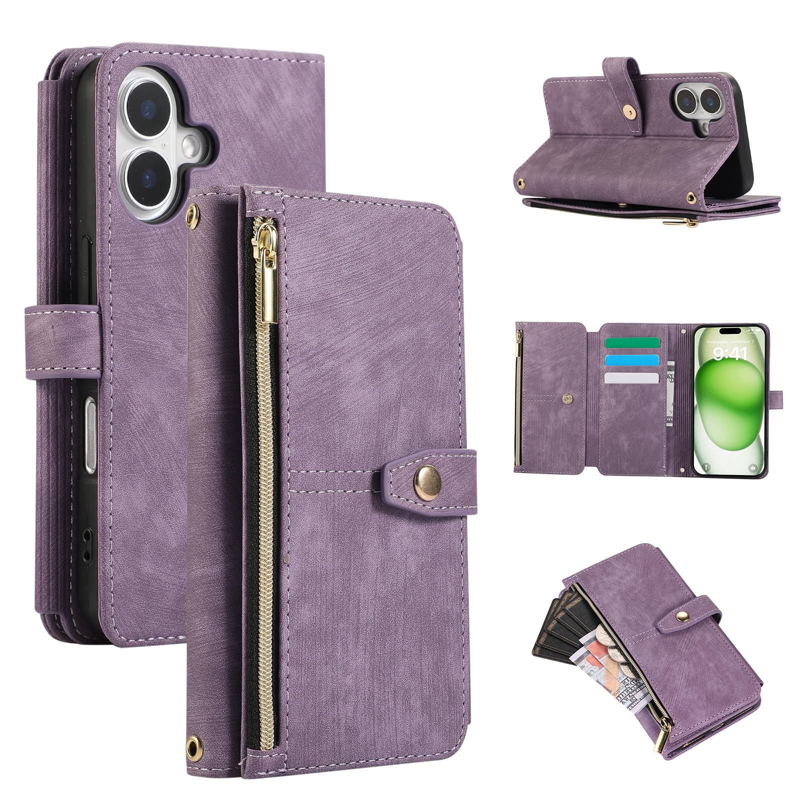 UEEBAI Wallet Case for iPhone 16, 9 Card Slots Retro Leather Wallet Flip Cover for Women with Hand Strap Card Slots Zipper Pocket Kickstand Handbag