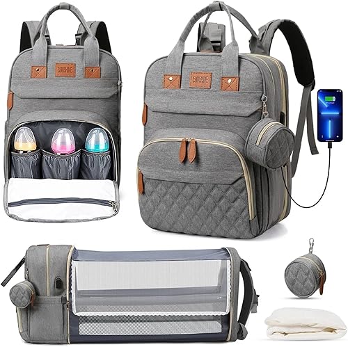 Miniatura 3 de Mochila para pañales, multifuncional, impermeable, con cambiador, puerto USB y correas para cochecito, Gris, Grande, Moderno